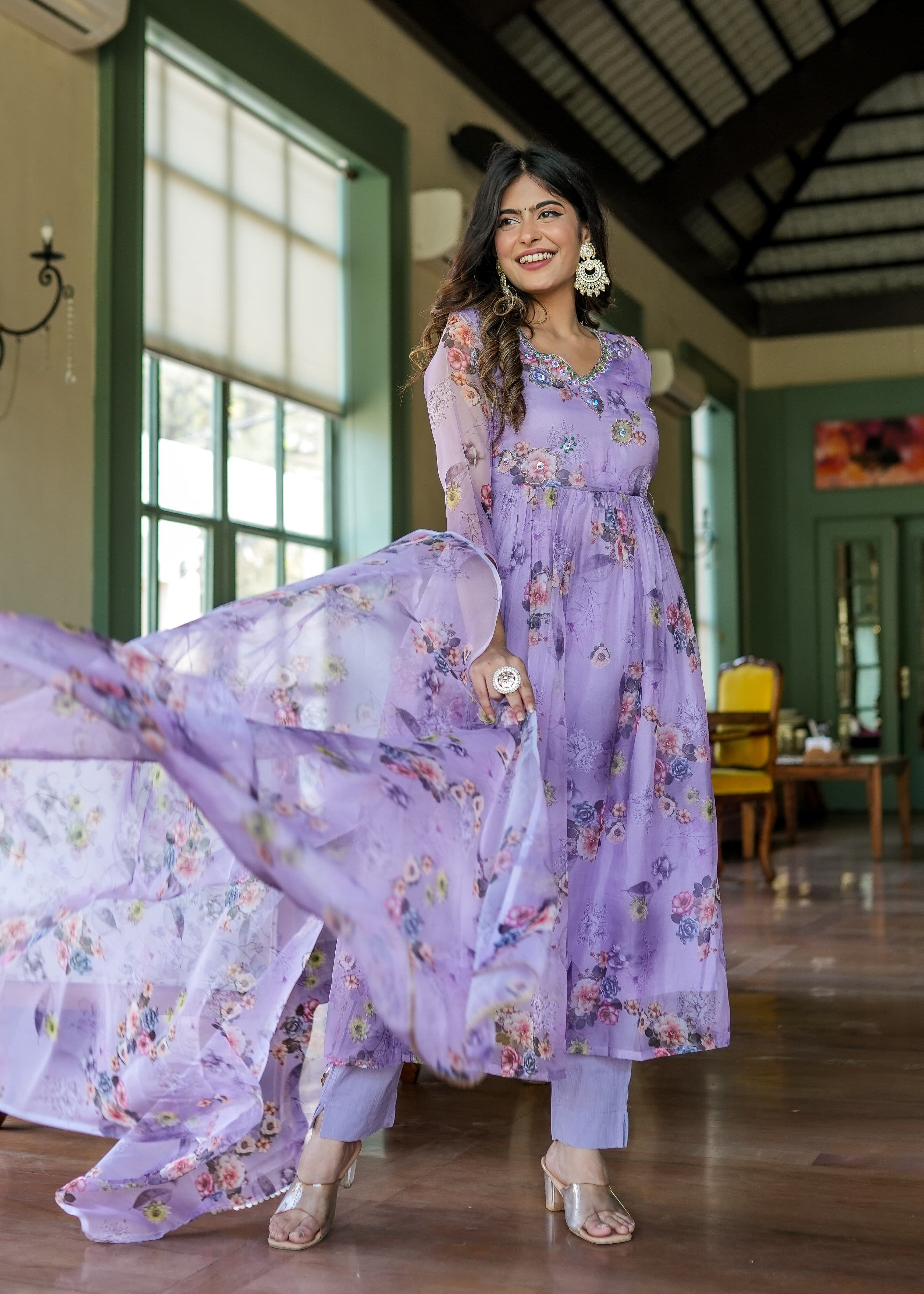 Organza Anarkali Suit Set Adorned With Elegant Purple Floral Motifs