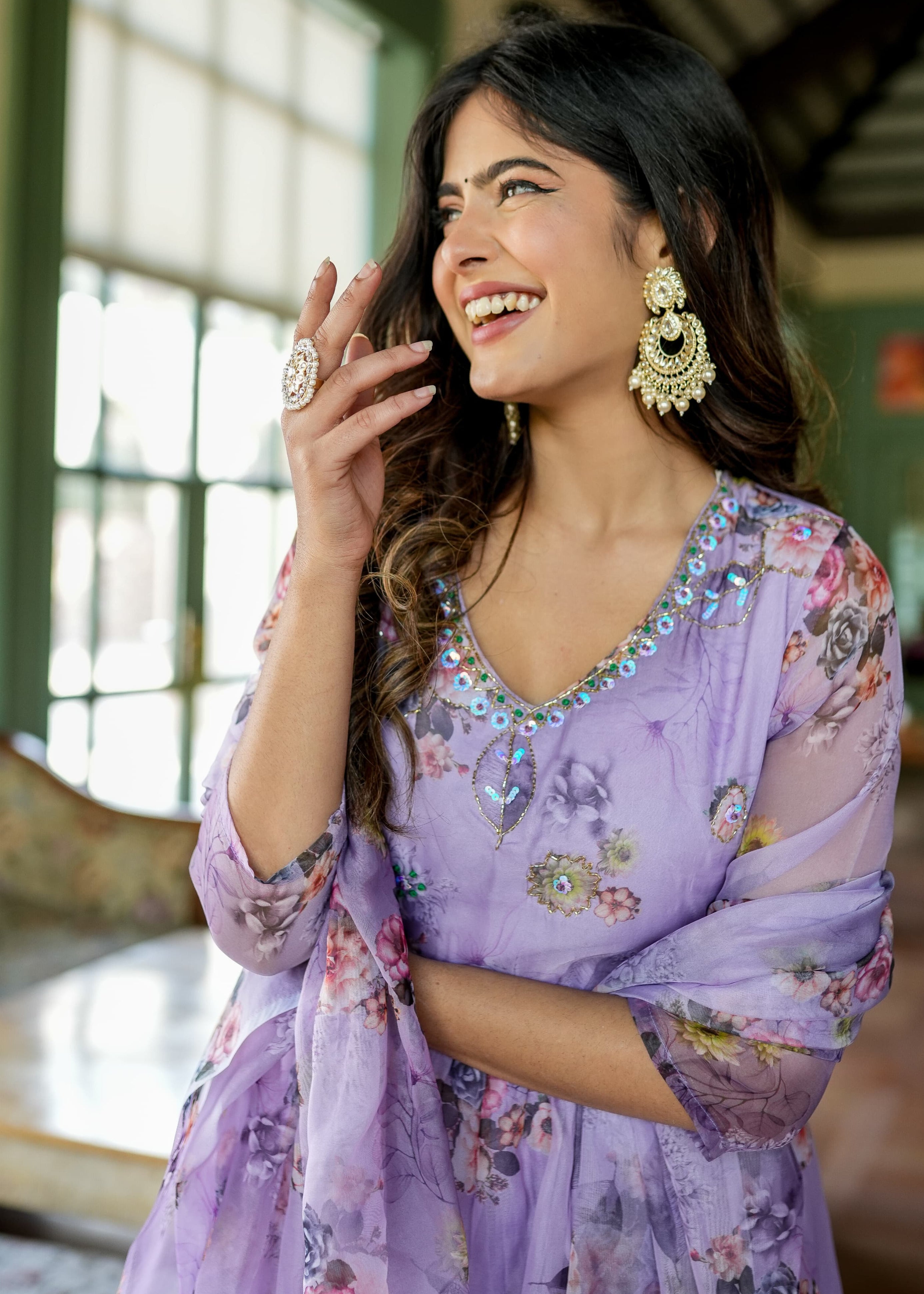 Organza Anarkali Suit Set Adorned With Elegant Purple Floral Motifs