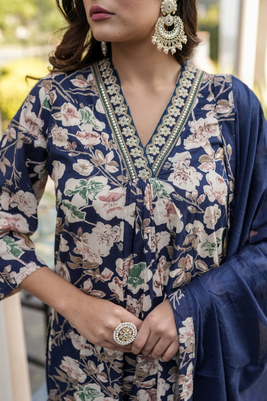 V-neck Blue Floral Straight Suit Set