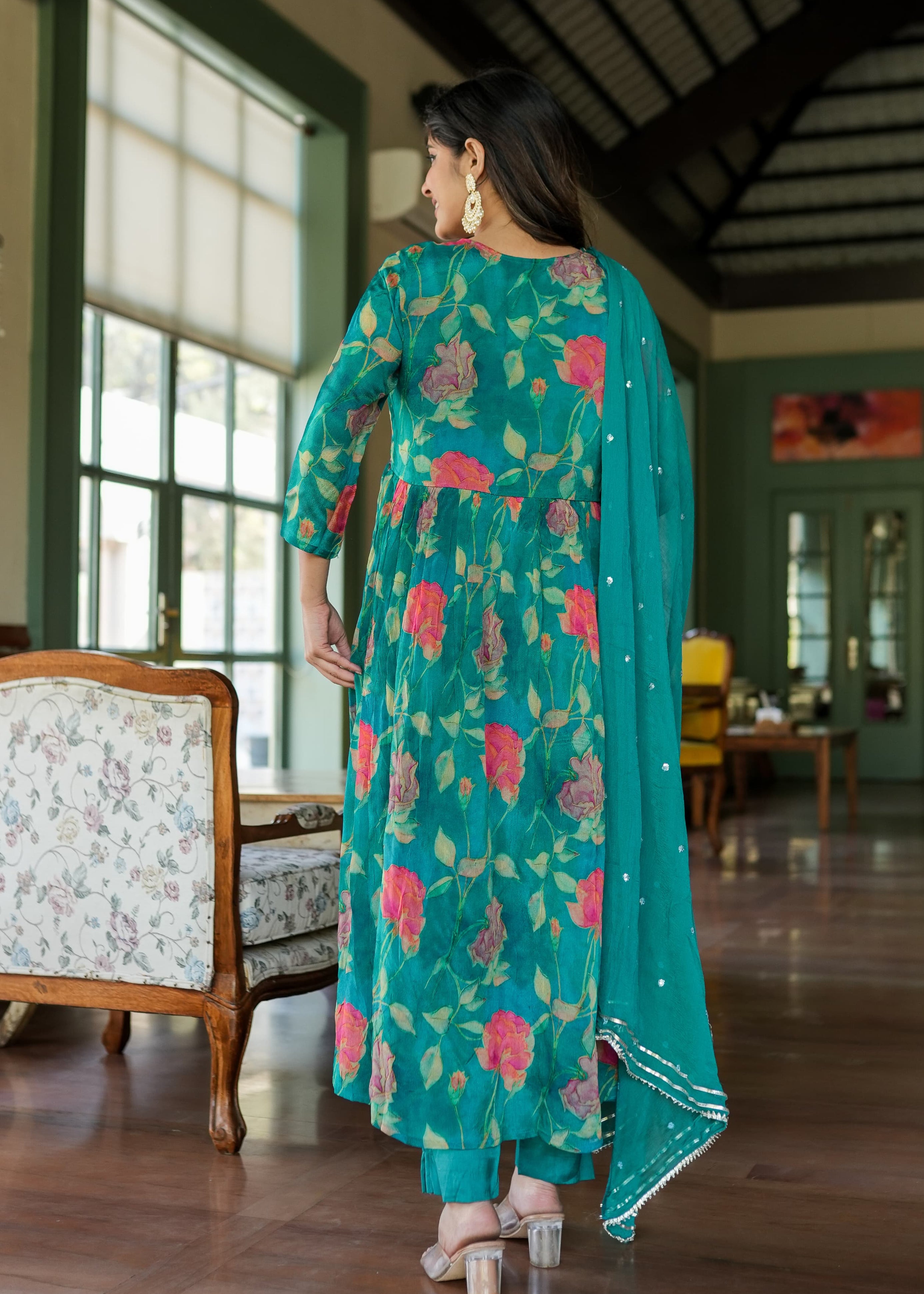 Green Floral Alia Cut kurta With Dupatta And Pant