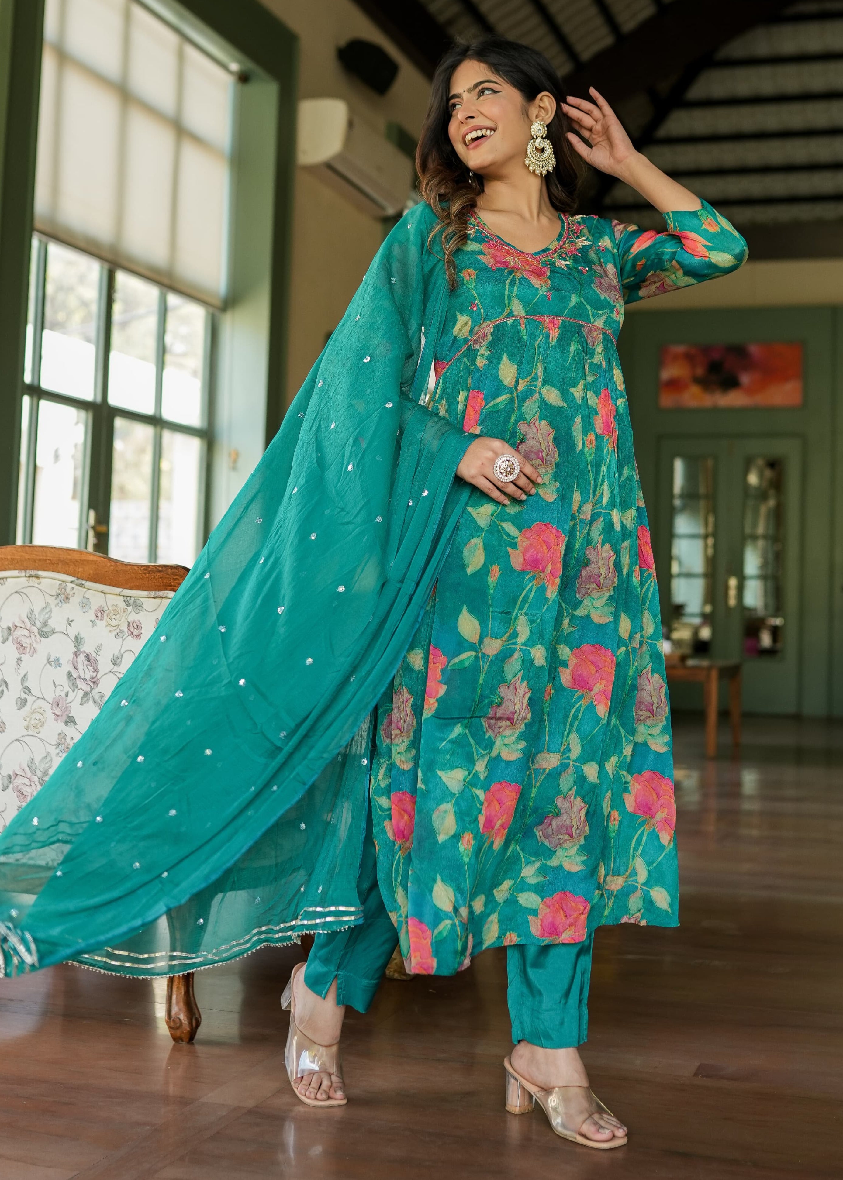 Green Floral Alia Cut kurta With Dupatta And Pant