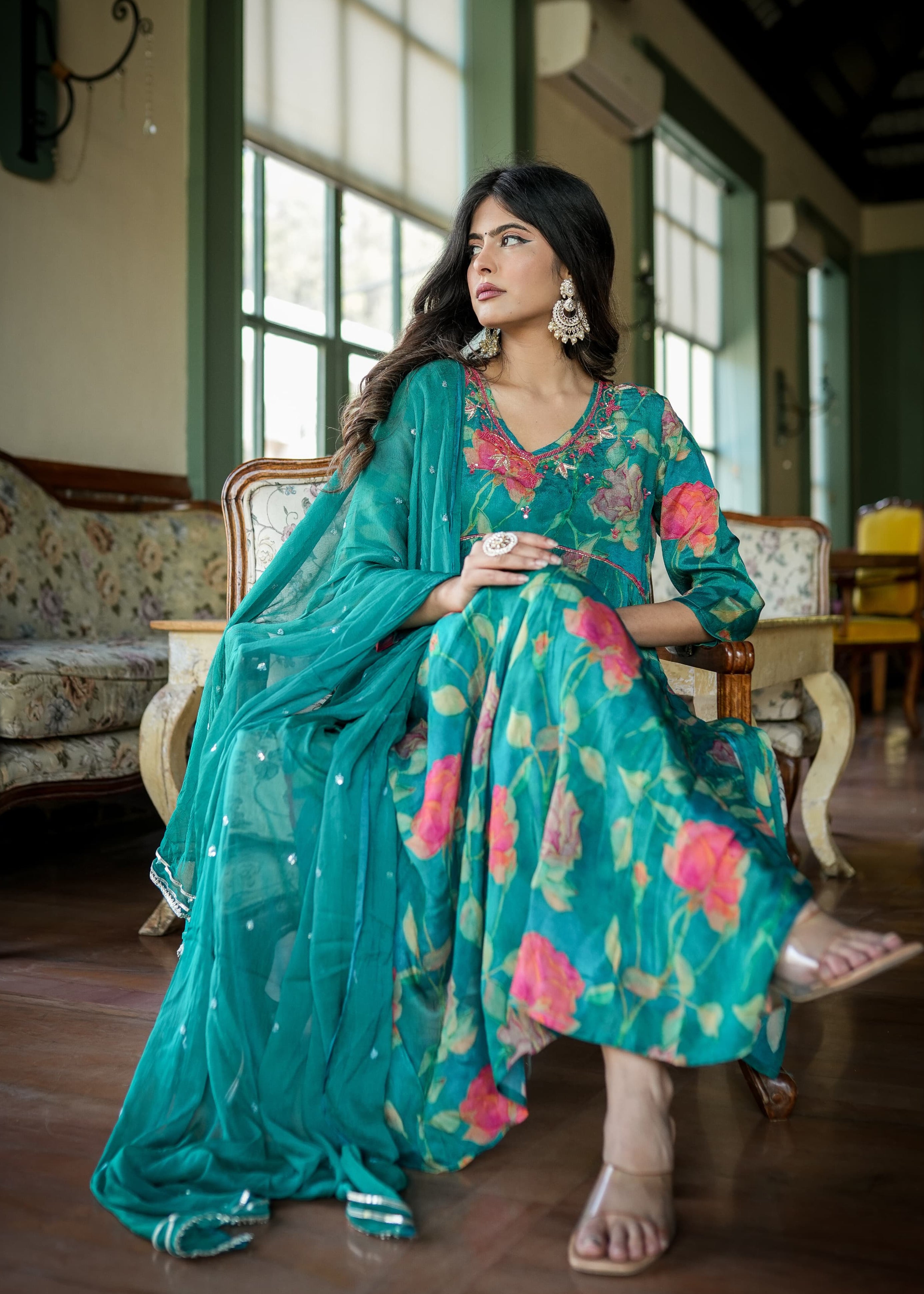 Green Floral Alia Cut kurta With Dupatta And Pant