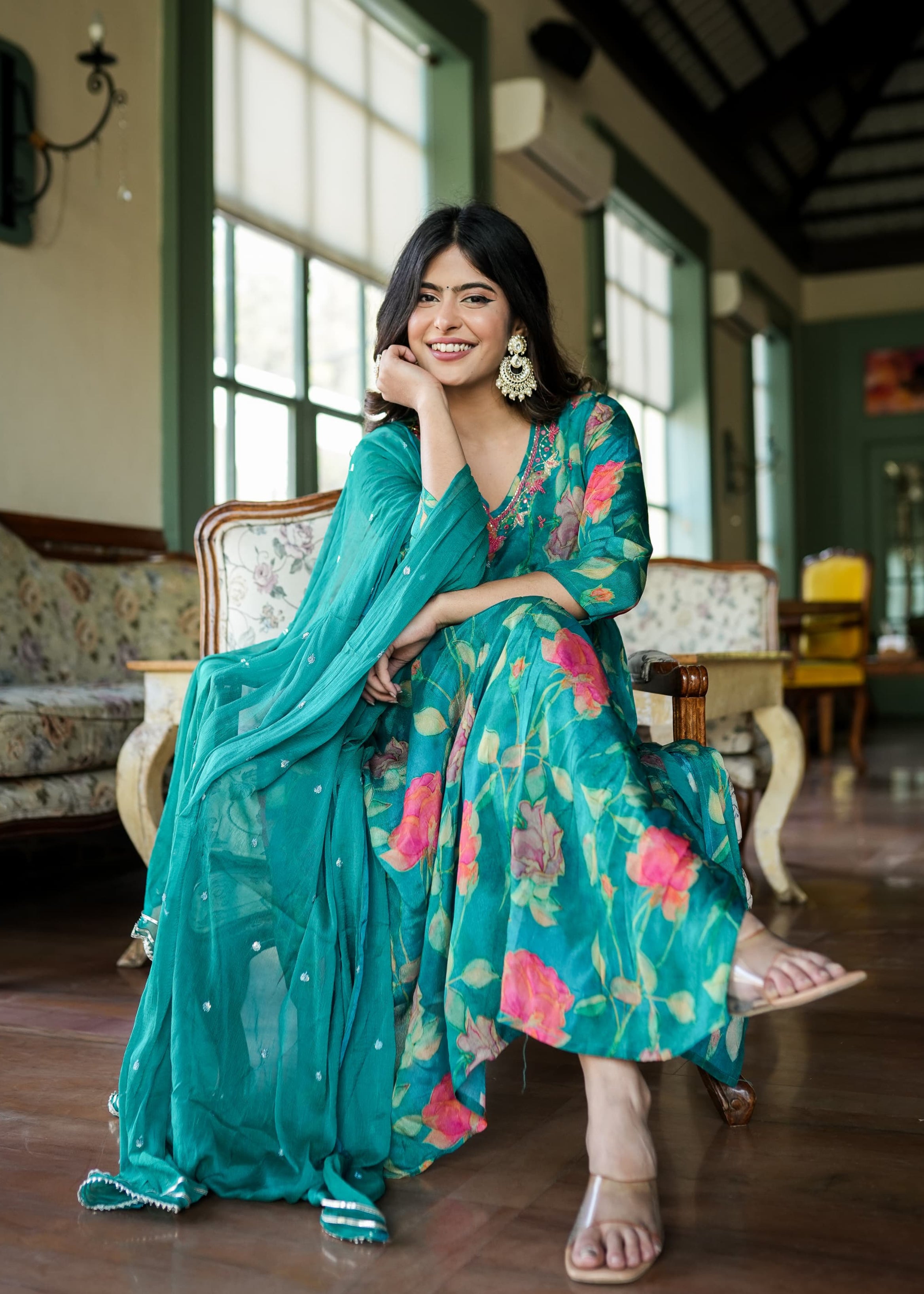 Green Floral Alia Cut kurta With Dupatta And Pant