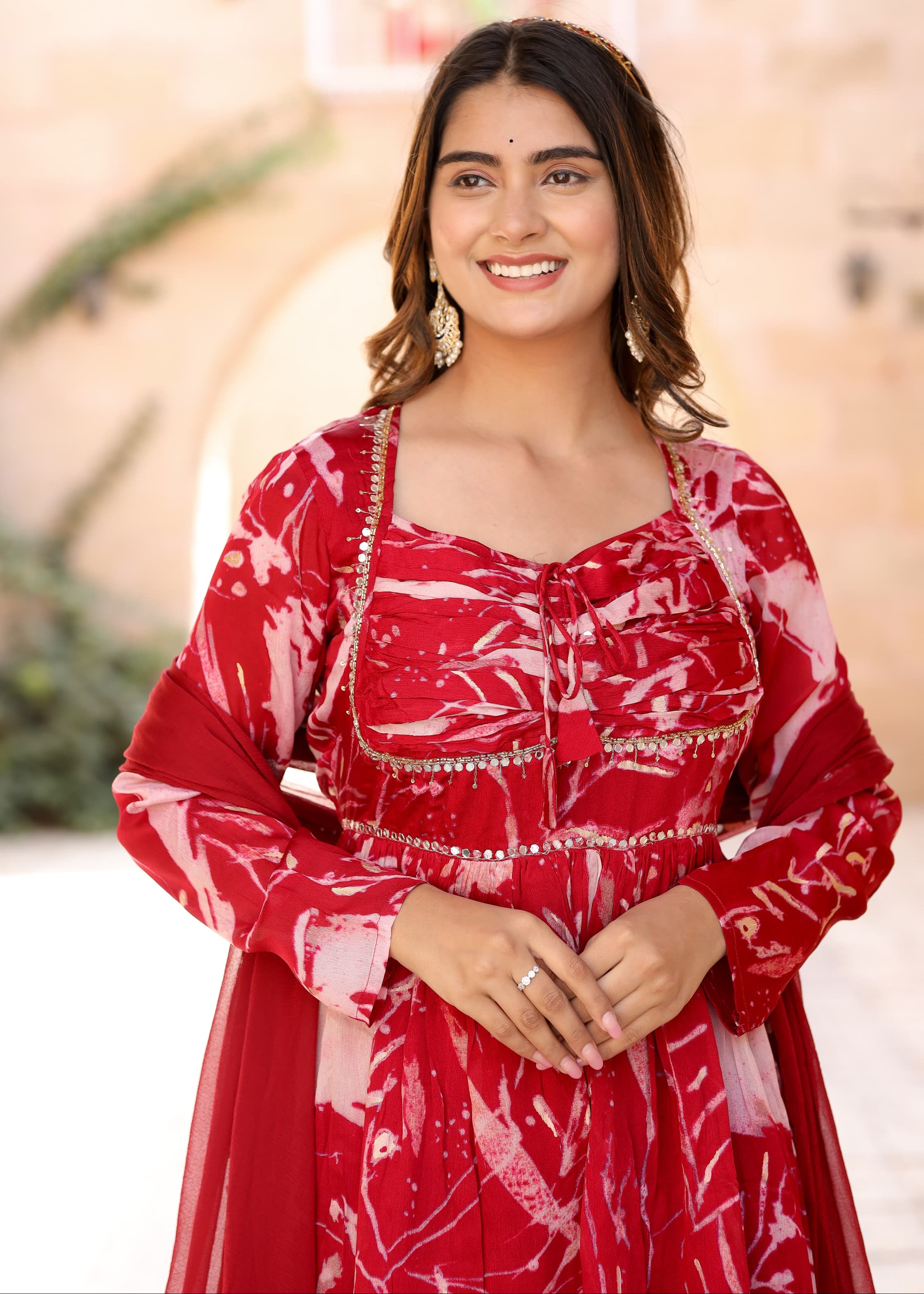 Red Printed Chinon Anarkali kurta With Afghani Salwar