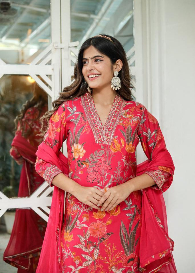 V-Neck Floral Straight Kurta With Dupatta And Pant