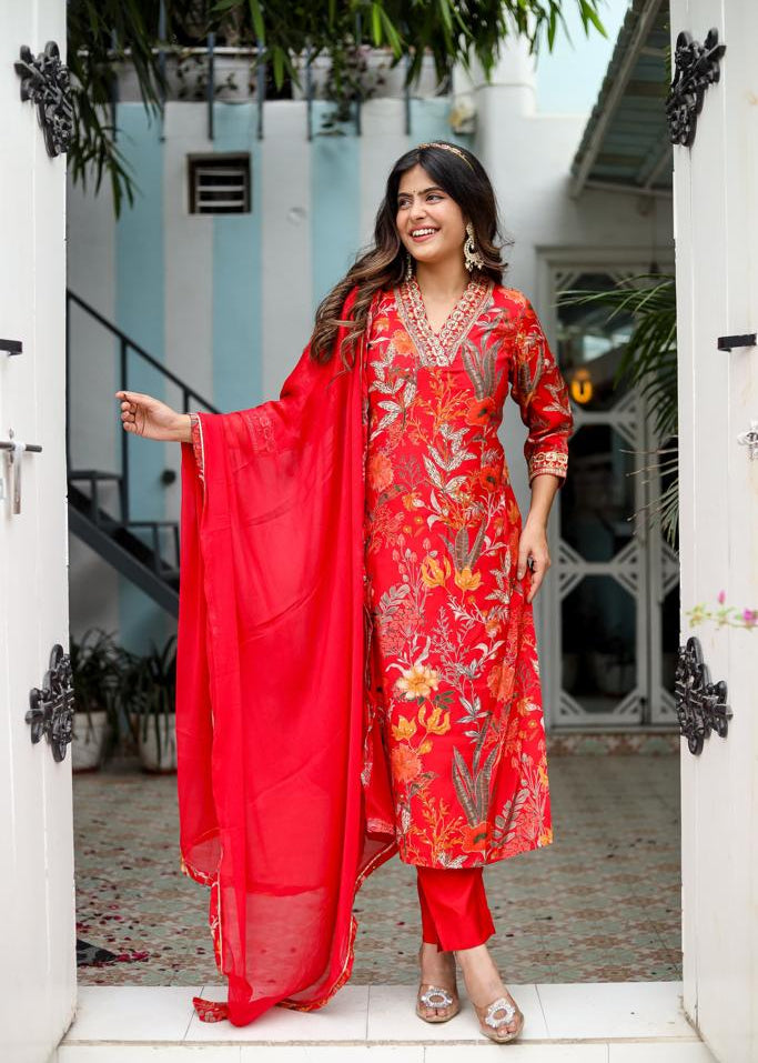V-Neck Floral Straight Kurta With Dupatta And Pant
