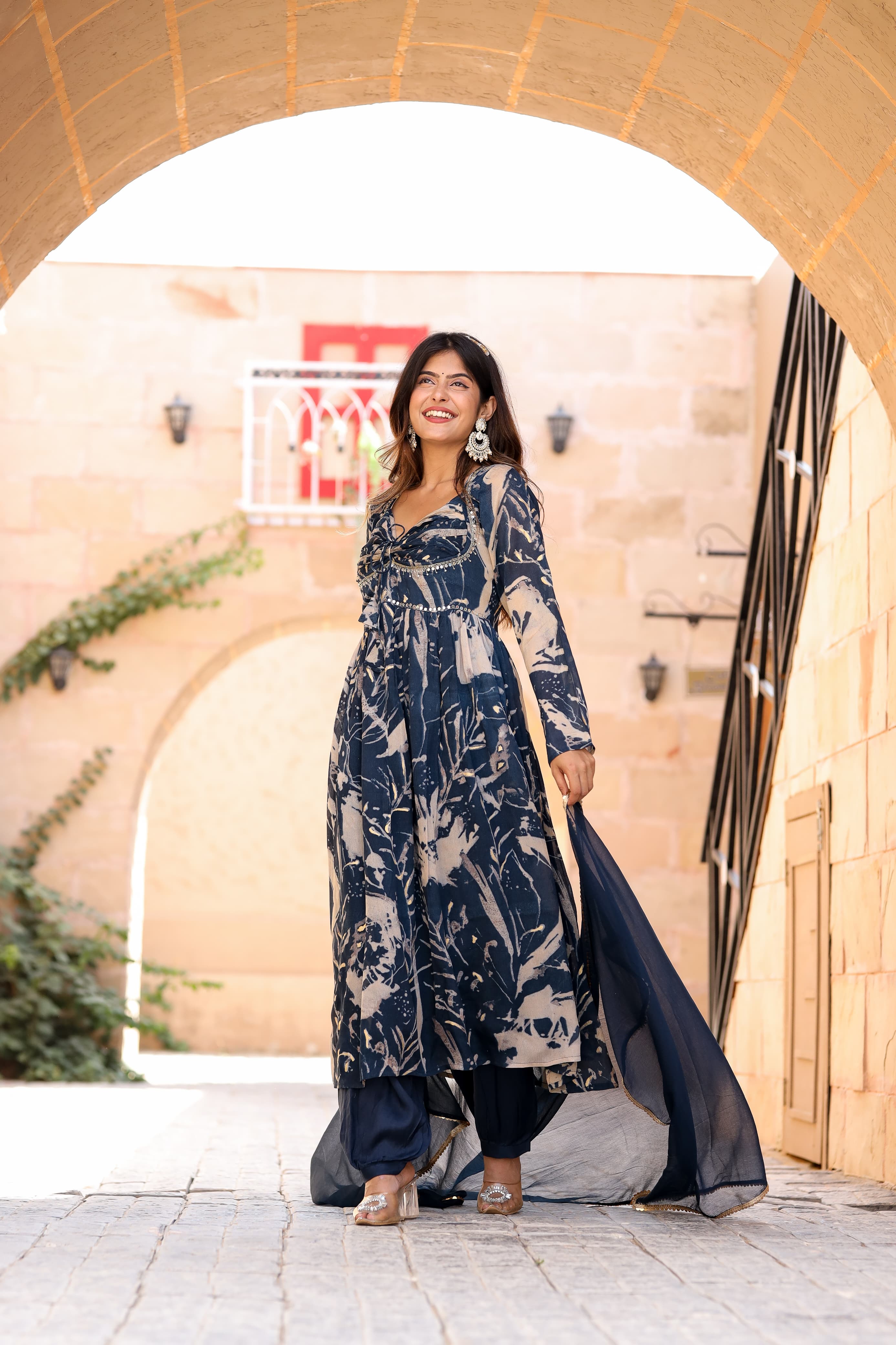 Blue Printed Chinon Anakarli kurta with afghani salwar
