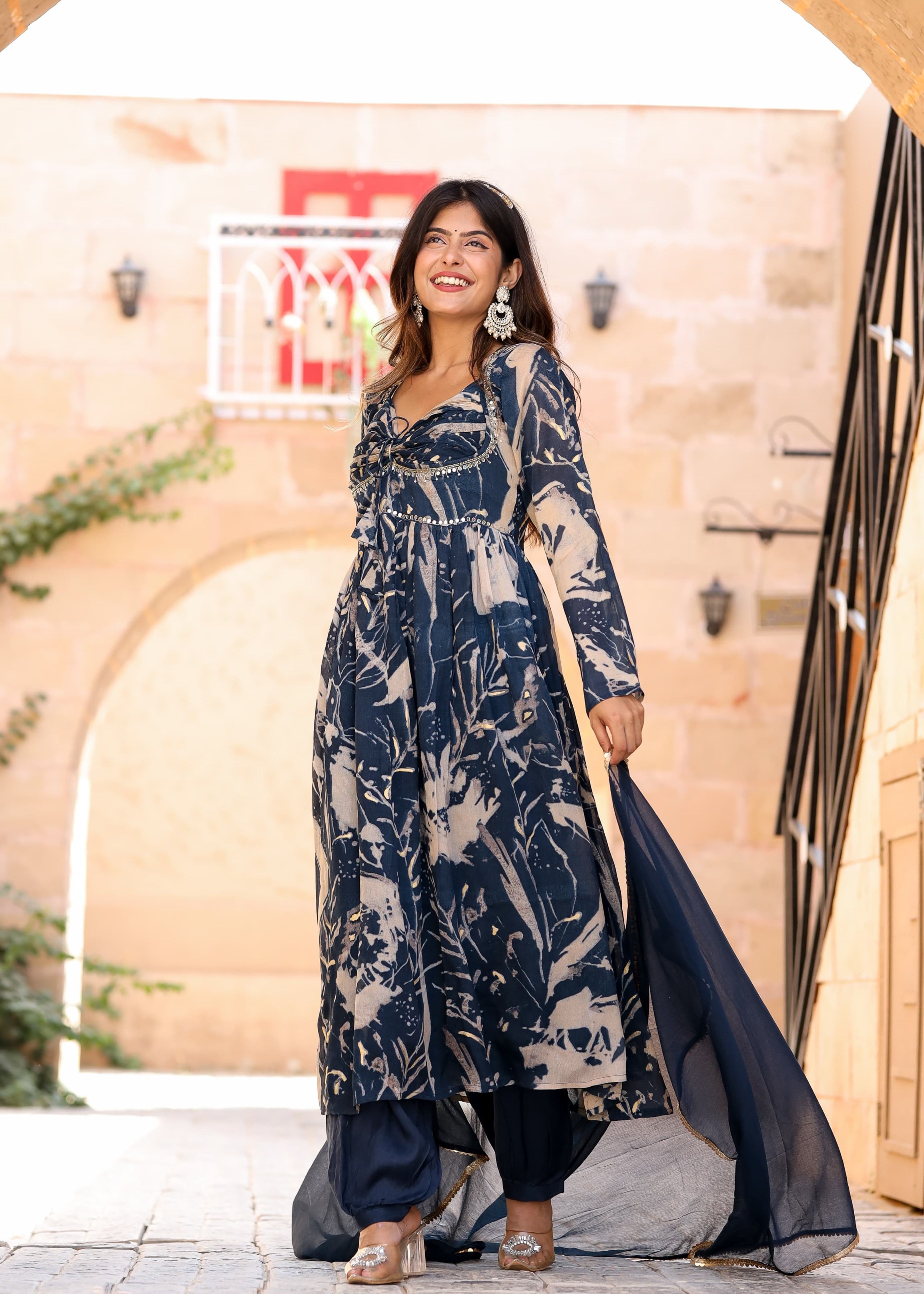 Blue Printed Chinon Anarkali Kurta With Afghani Salwar