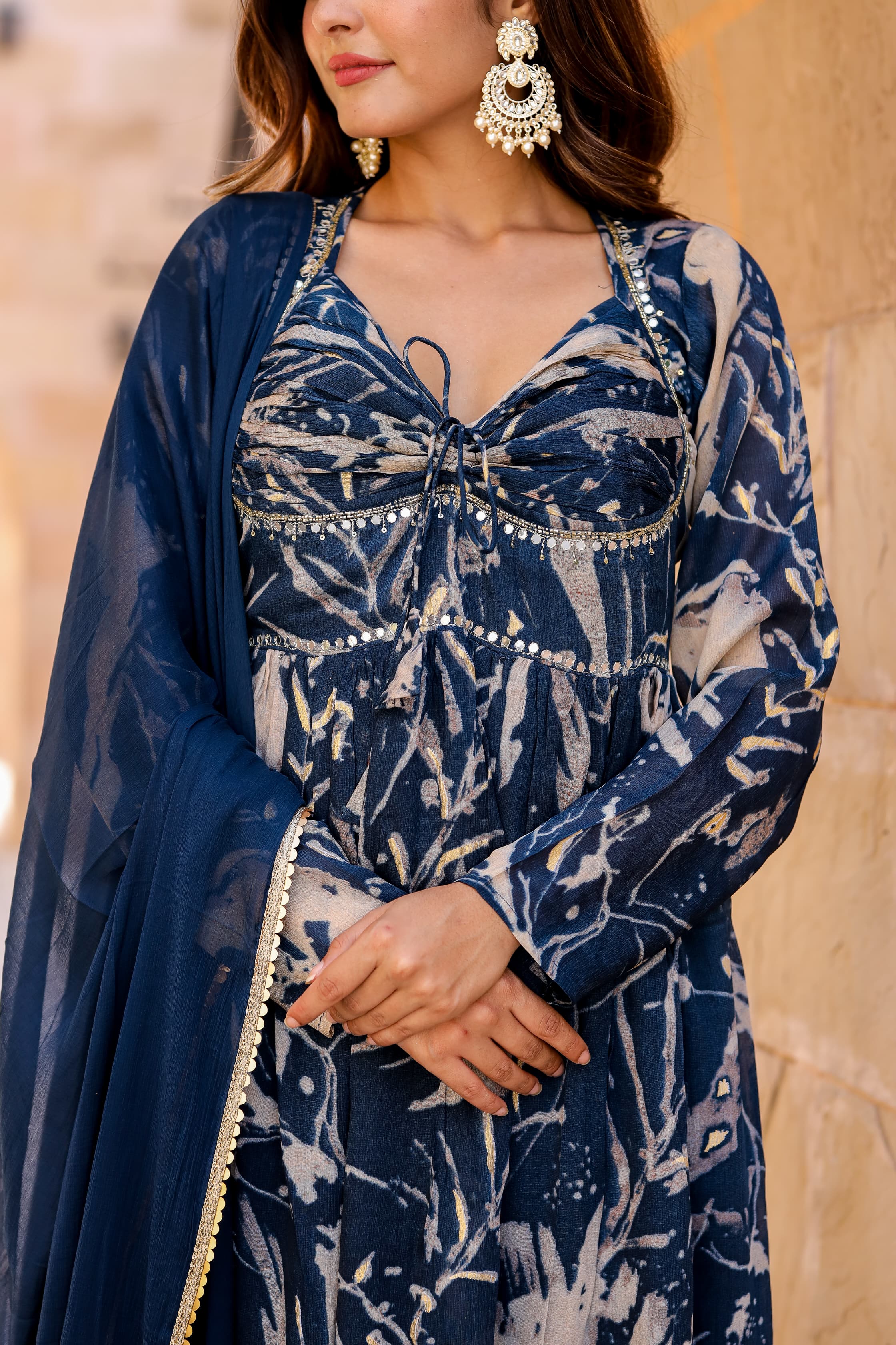 Blue Printed Chinon Anakarli kurta with afghani salwar