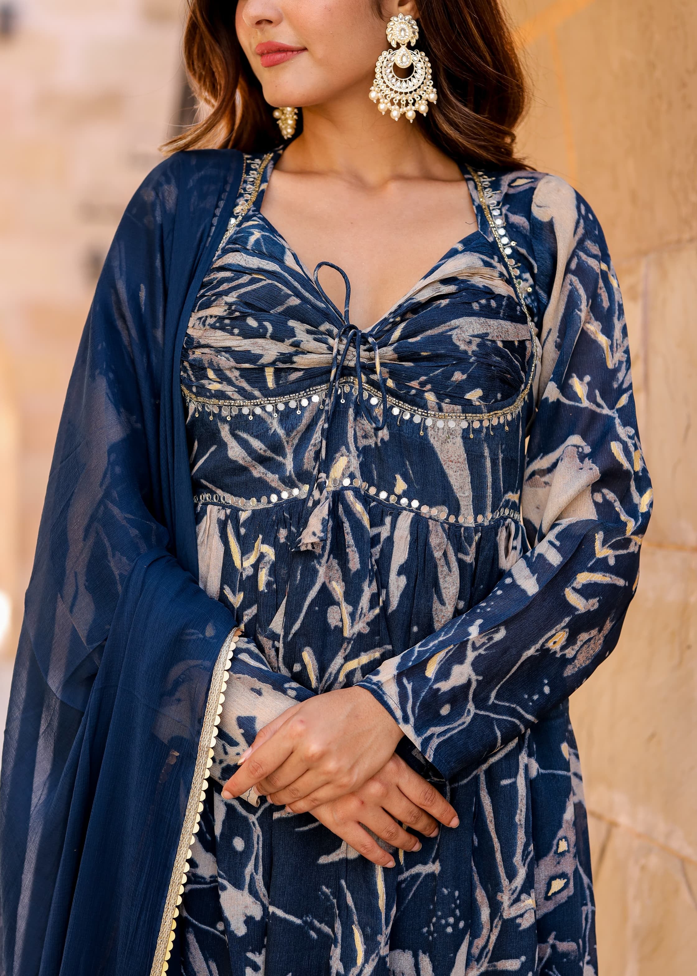 Blue Printed Chinon Anarkali Kurta With Afghani Salwar