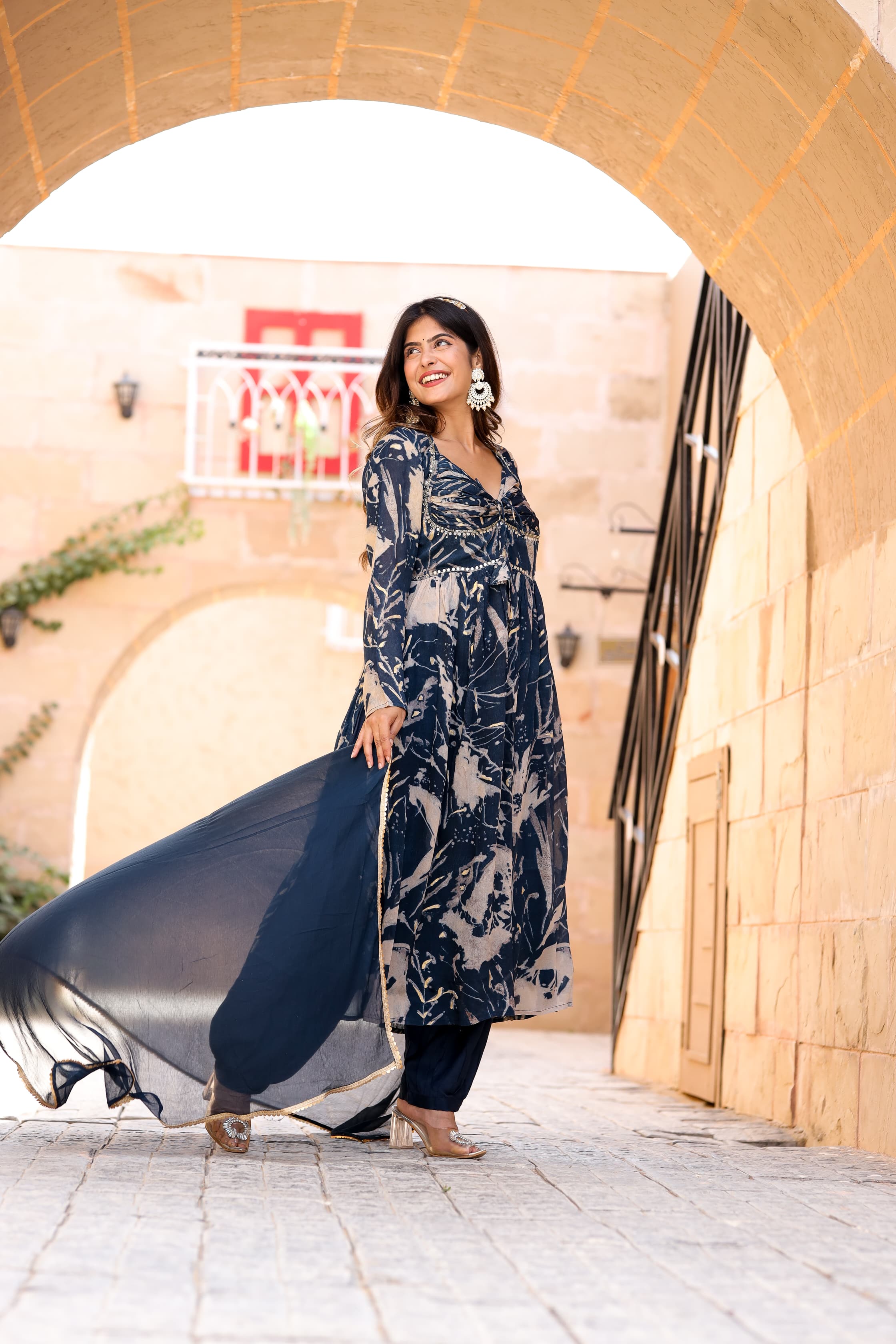 Blue Printed Chinon Anakarli kurta with afghani salwar