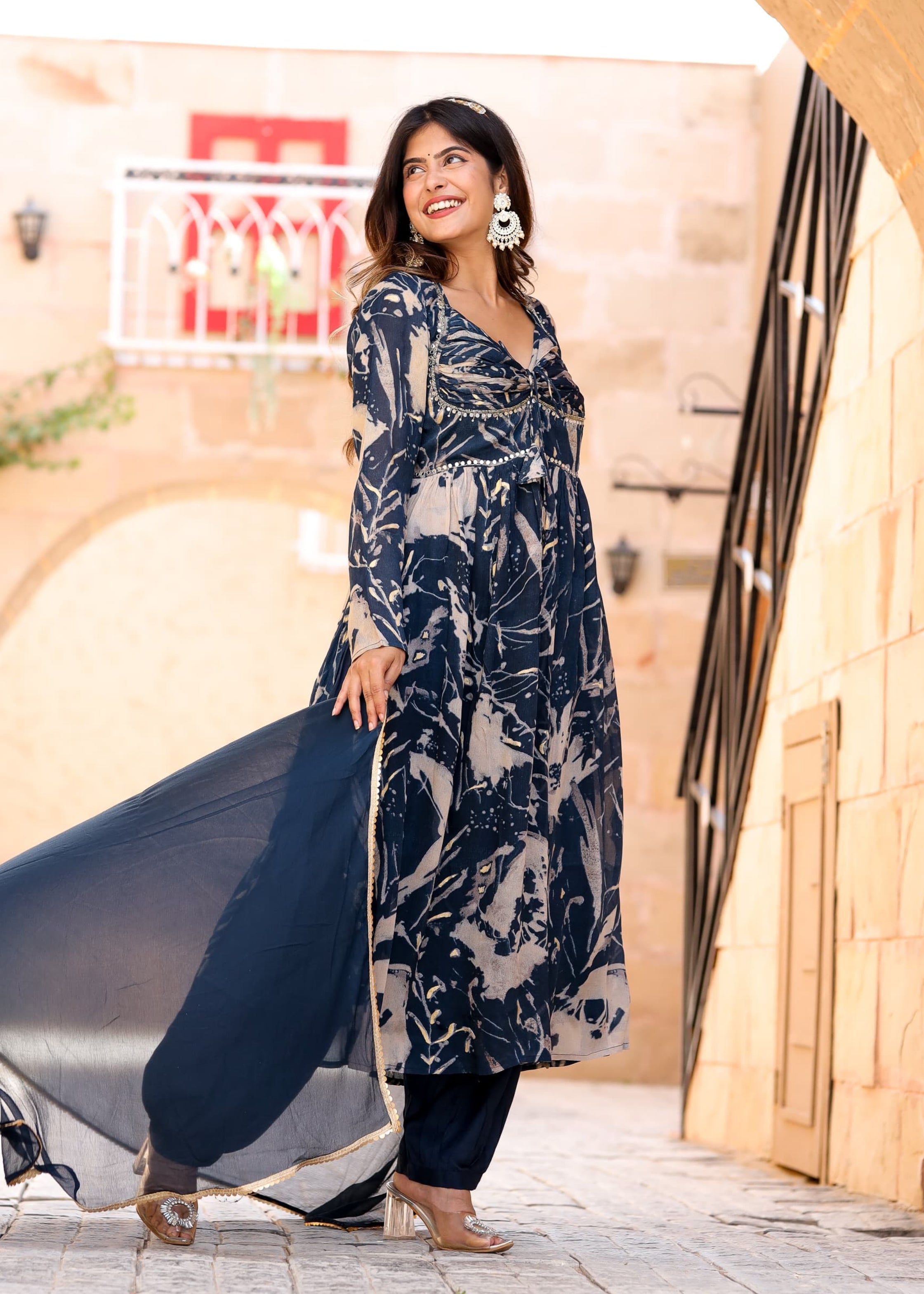 Blue Printed Chinon Anarkali Kurta With Afghani Salwar