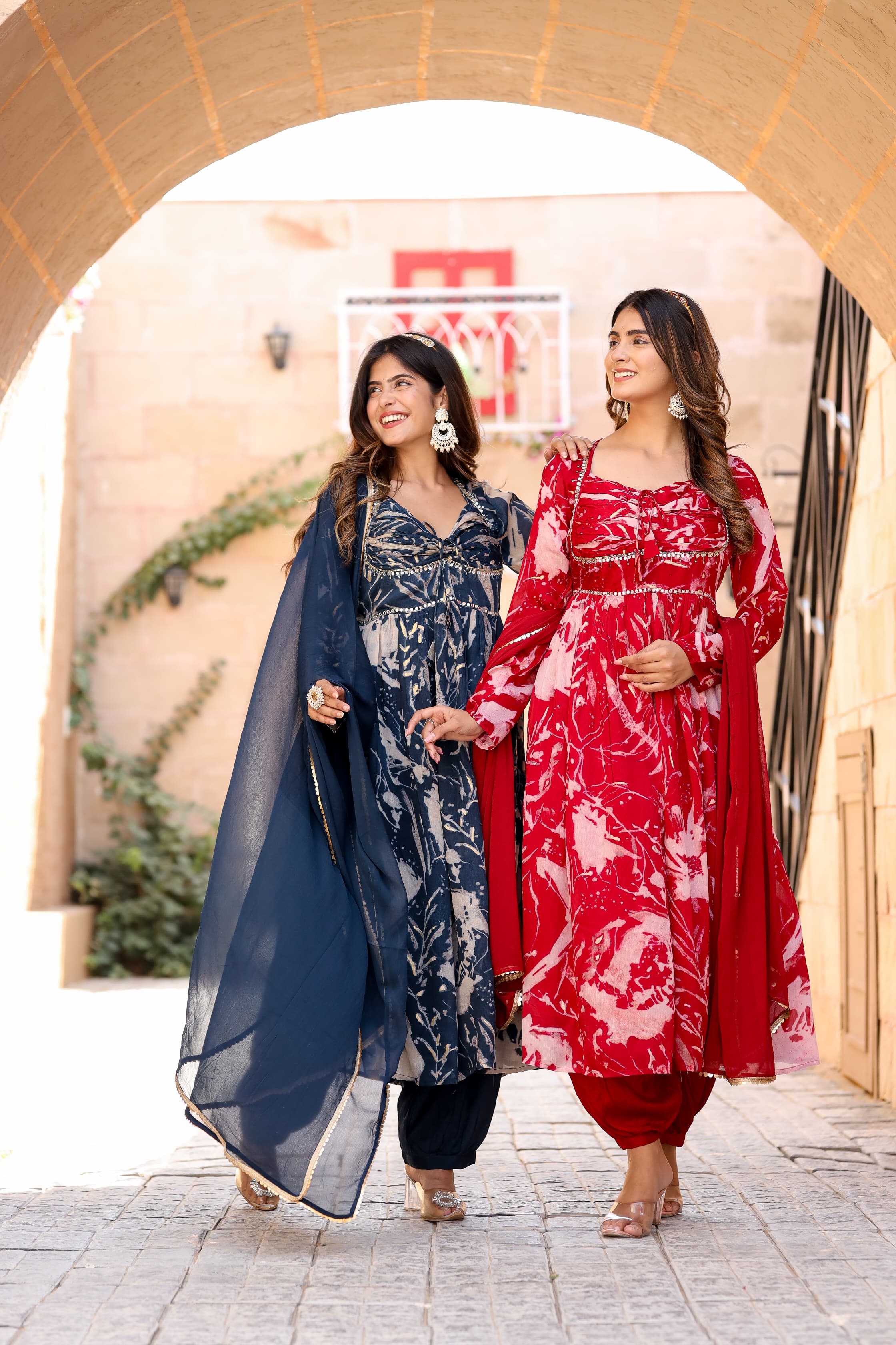 Red Printed Chinon Anakarli kurta with afghani salwar