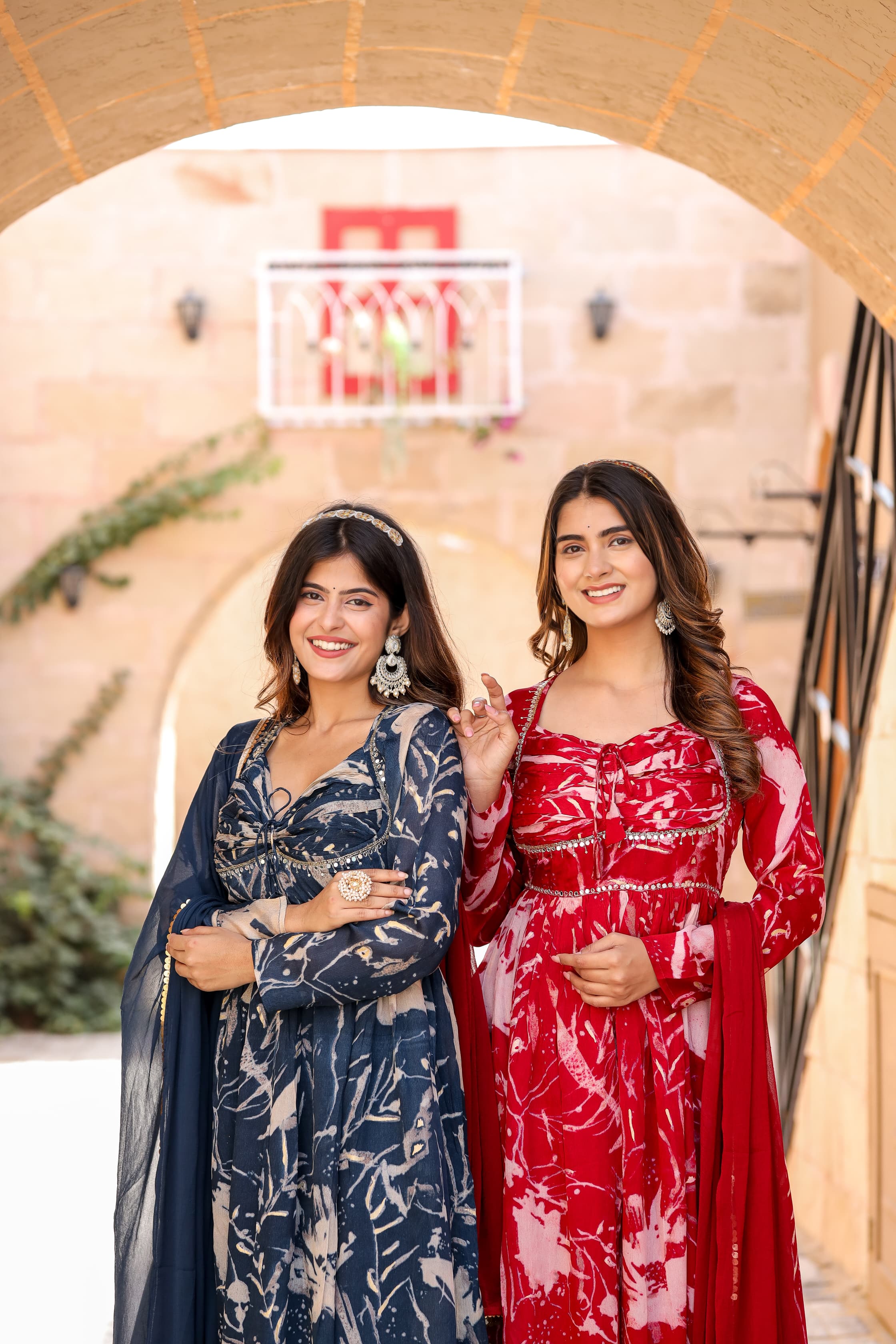 Blue Printed Chinon Anakarli kurta with afghani salwar