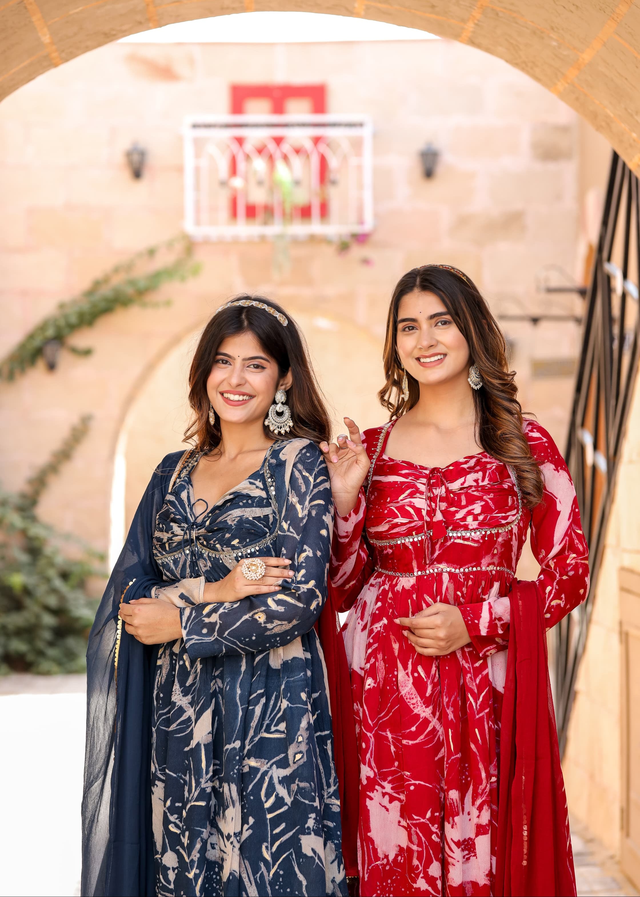 Blue Printed Chinon Anarkali Kurta With Afghani Salwar