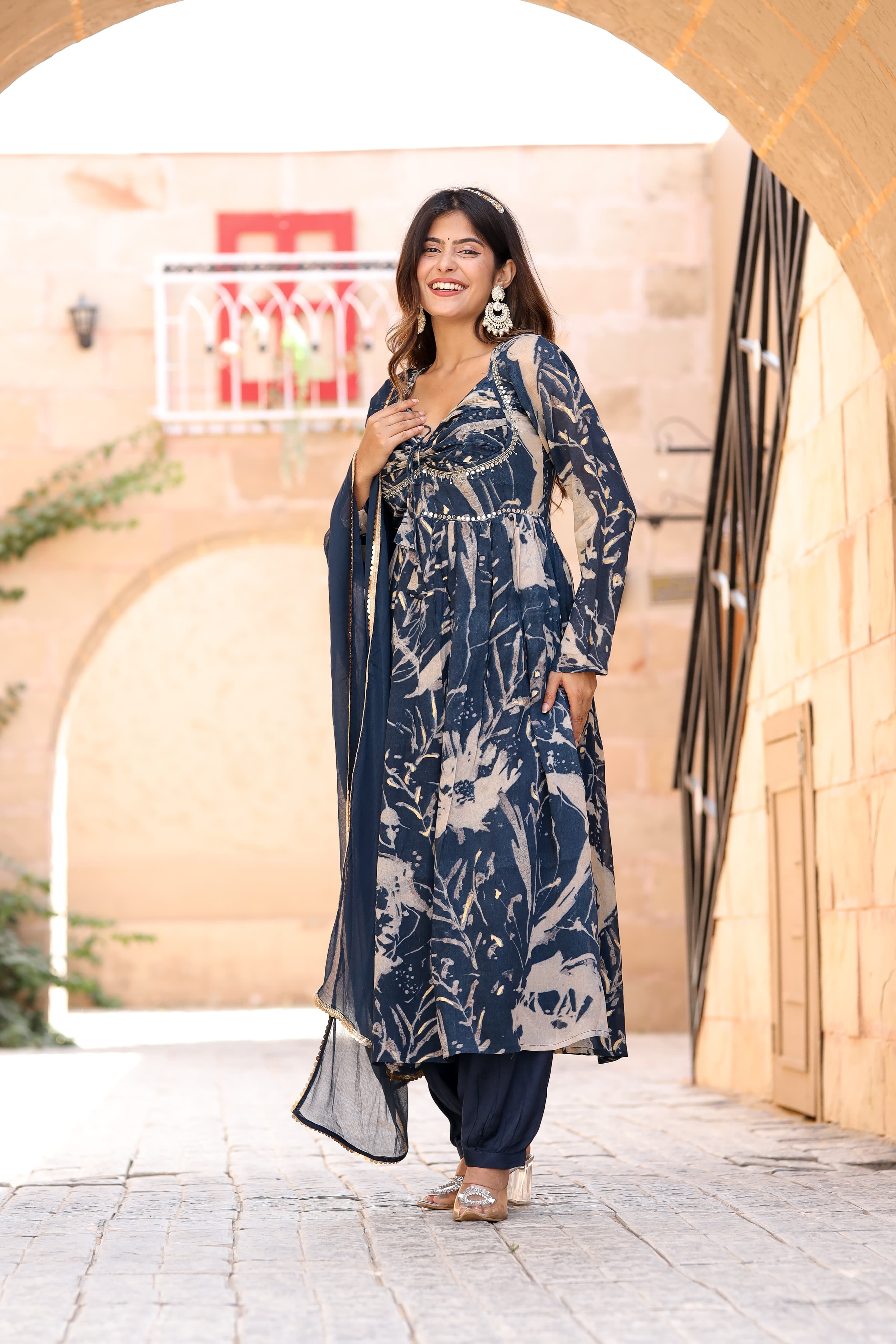 Blue Printed Chinon Anakarli kurta with afghani salwar