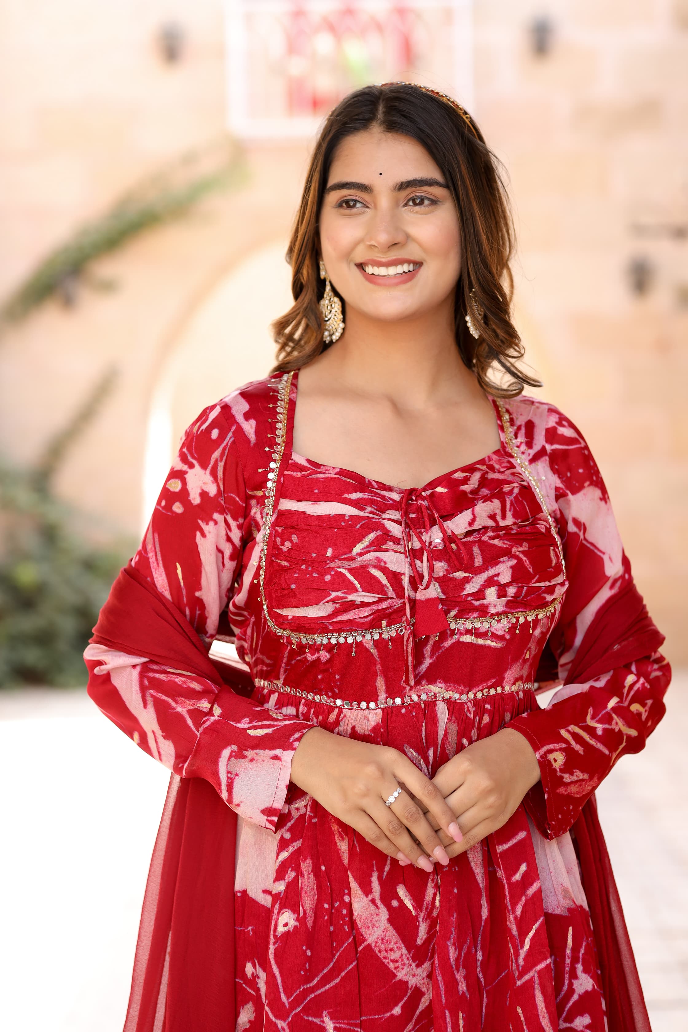 Red Printed Chinon Anakarli kurta with afghani salwar