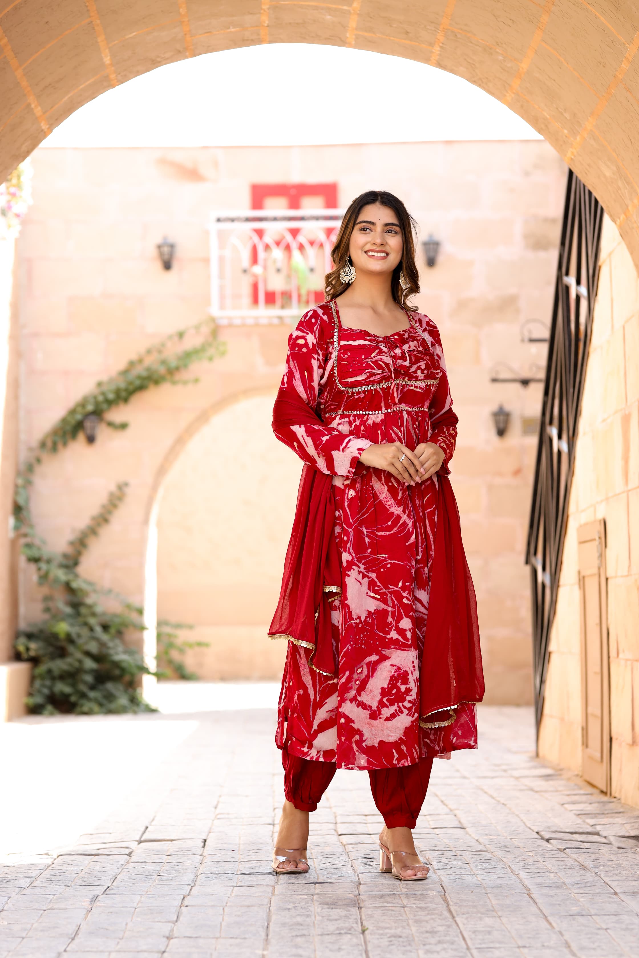 Red Printed Chinon Anakarli kurta with afghani salwar