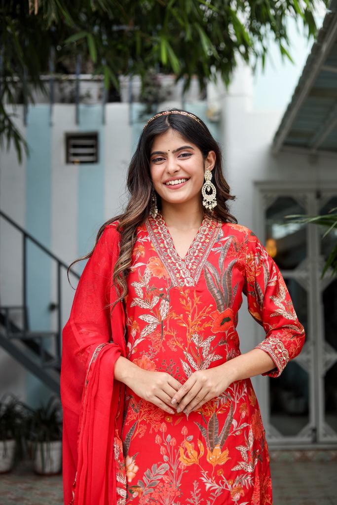 V Neck Floral Straight Kurta with Dupatta and pant