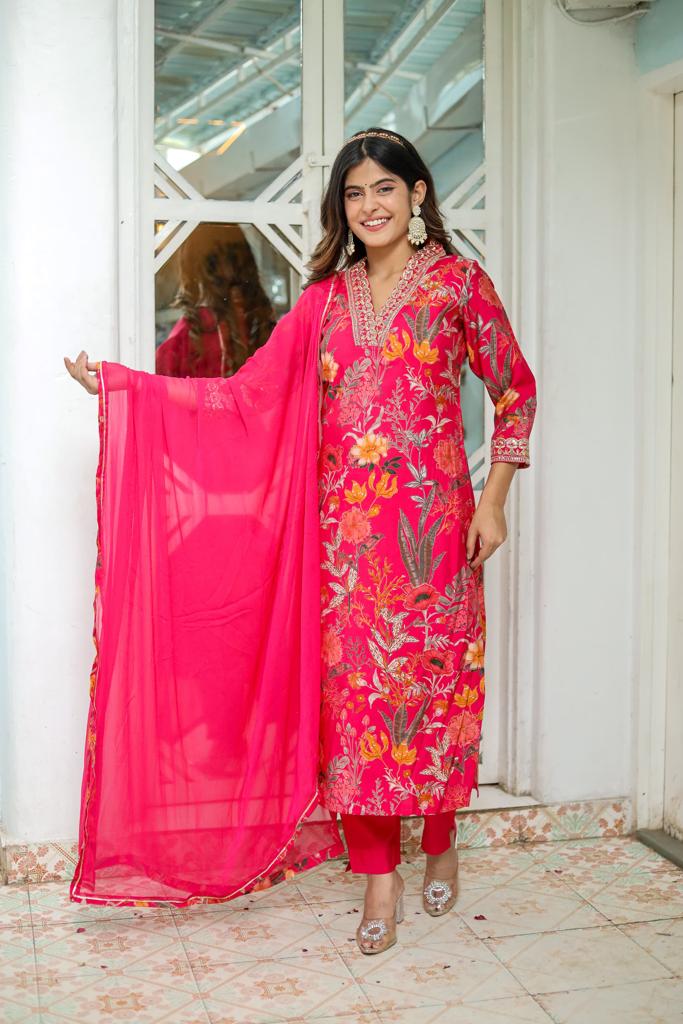V Neck Floral Straight Kurta with Dupatta and pant