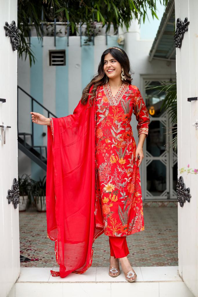 V Neck Floral Straight Kurta with Dupatta and pant