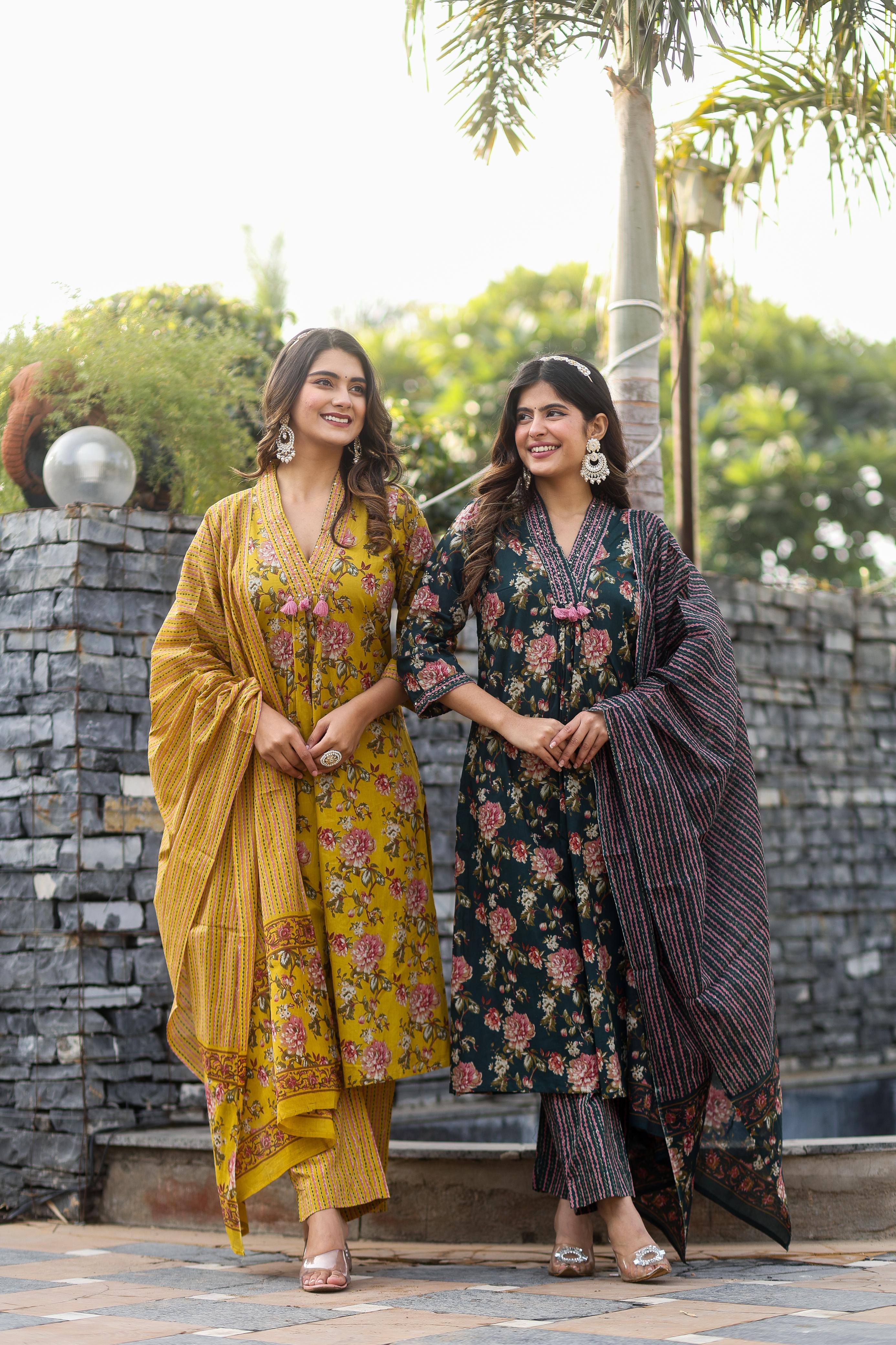 V-neck Mustard Floral Straight Suit Set