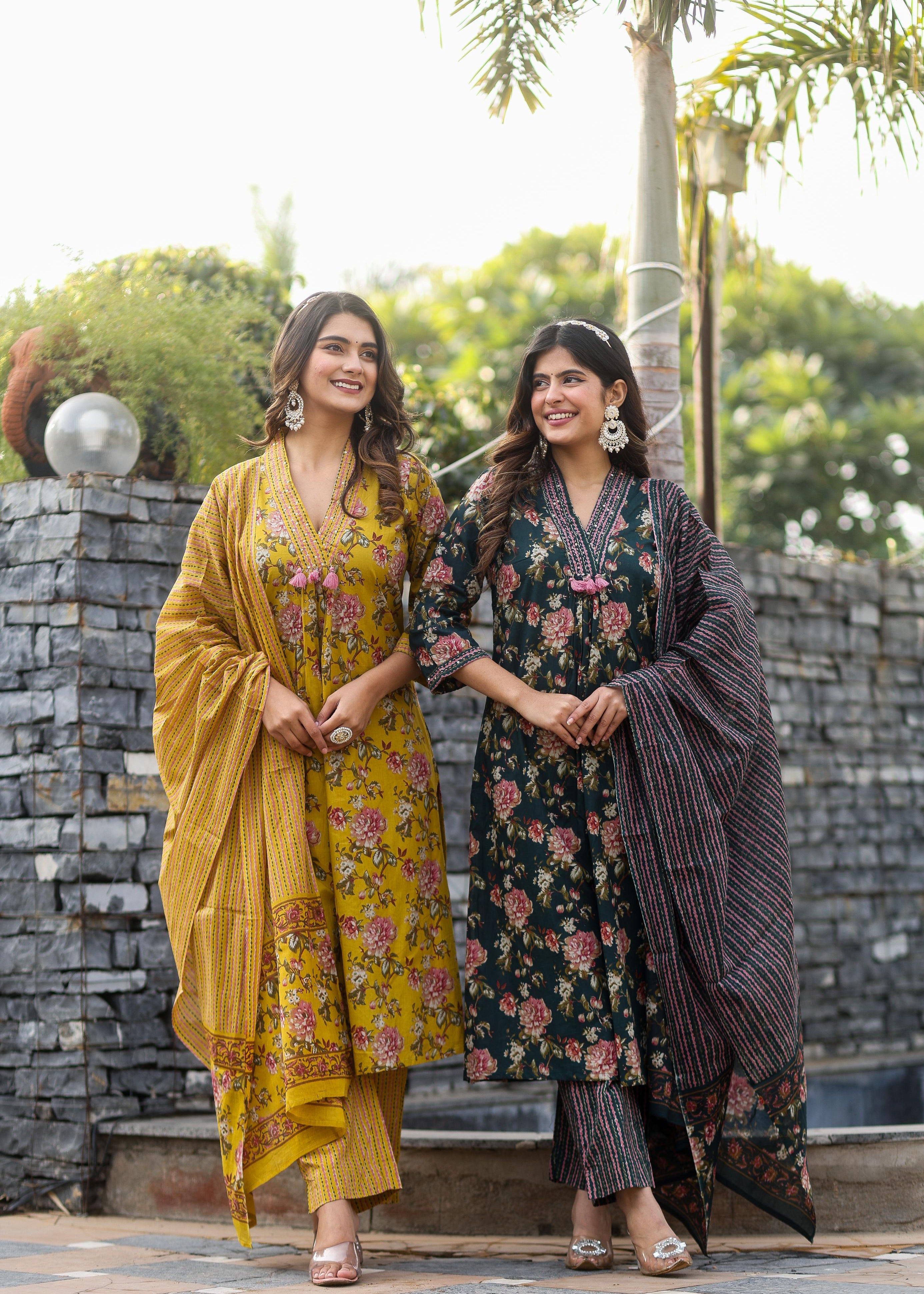 V-Neck Mustard Floral Straight Suit Set