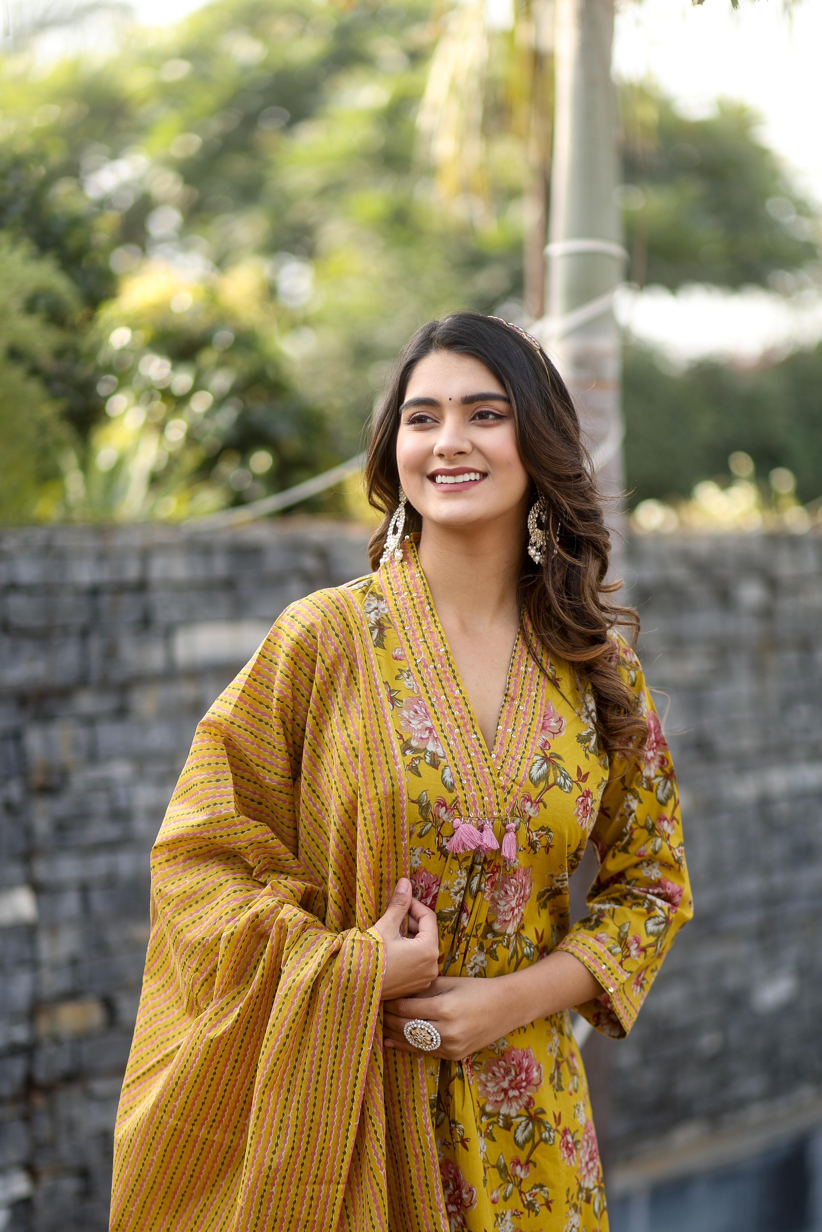 V-neck Mustard Floral Straight Suit Set