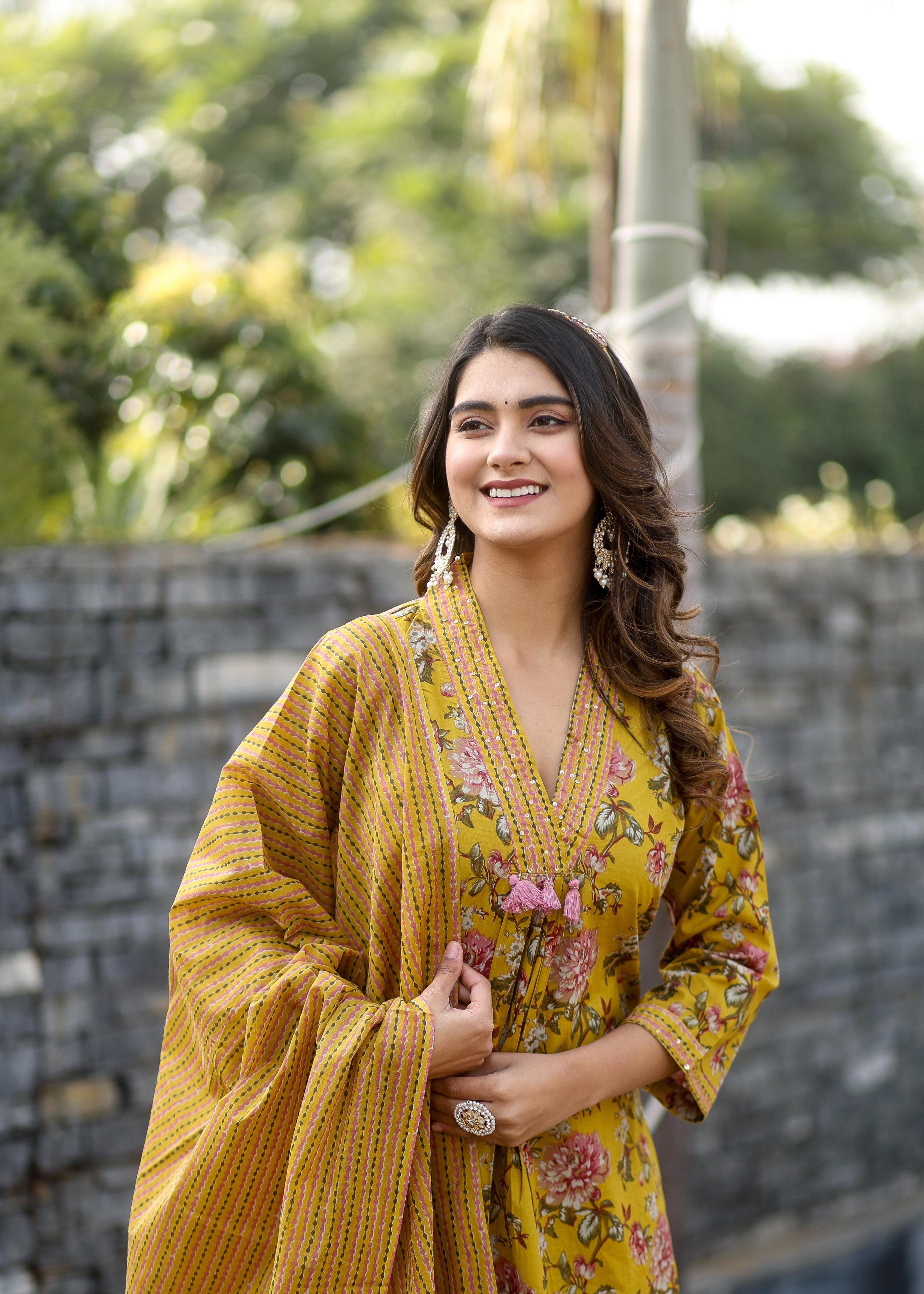 V-Neck Mustard Floral Straight Suit Set