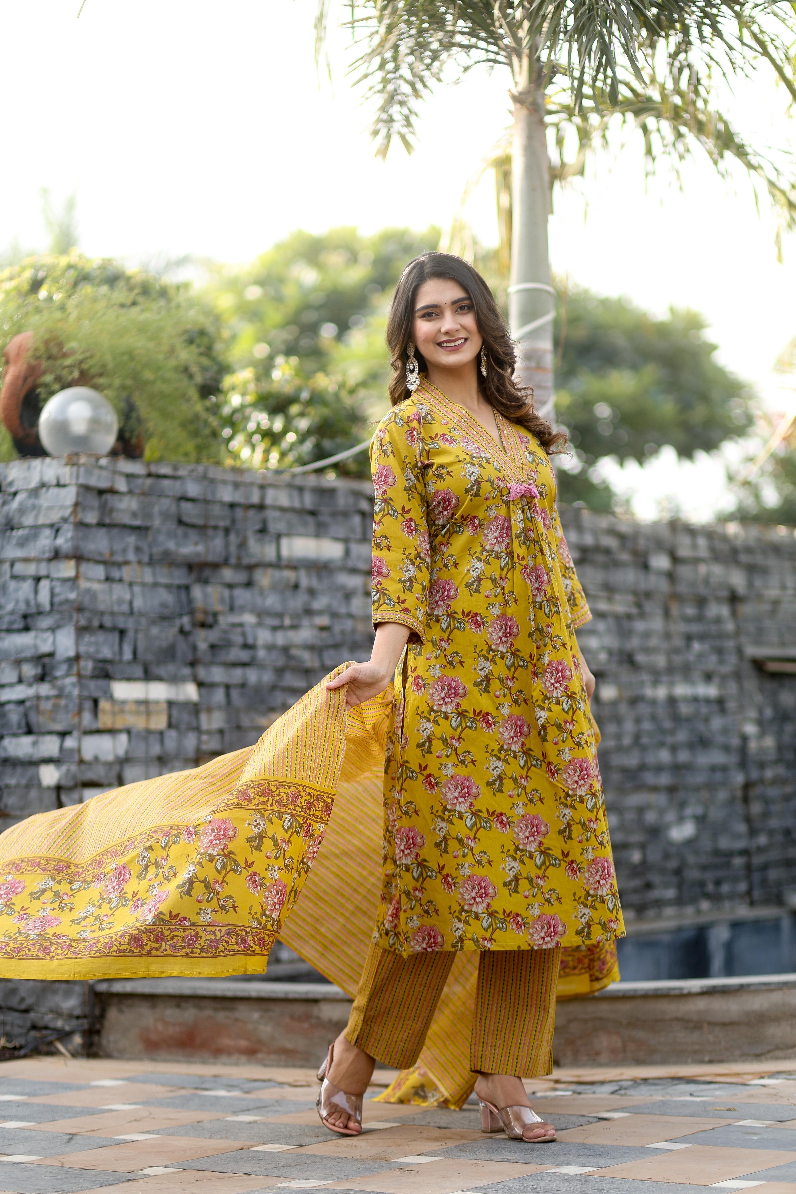 V-neck Mustard Floral Straight Suit Set