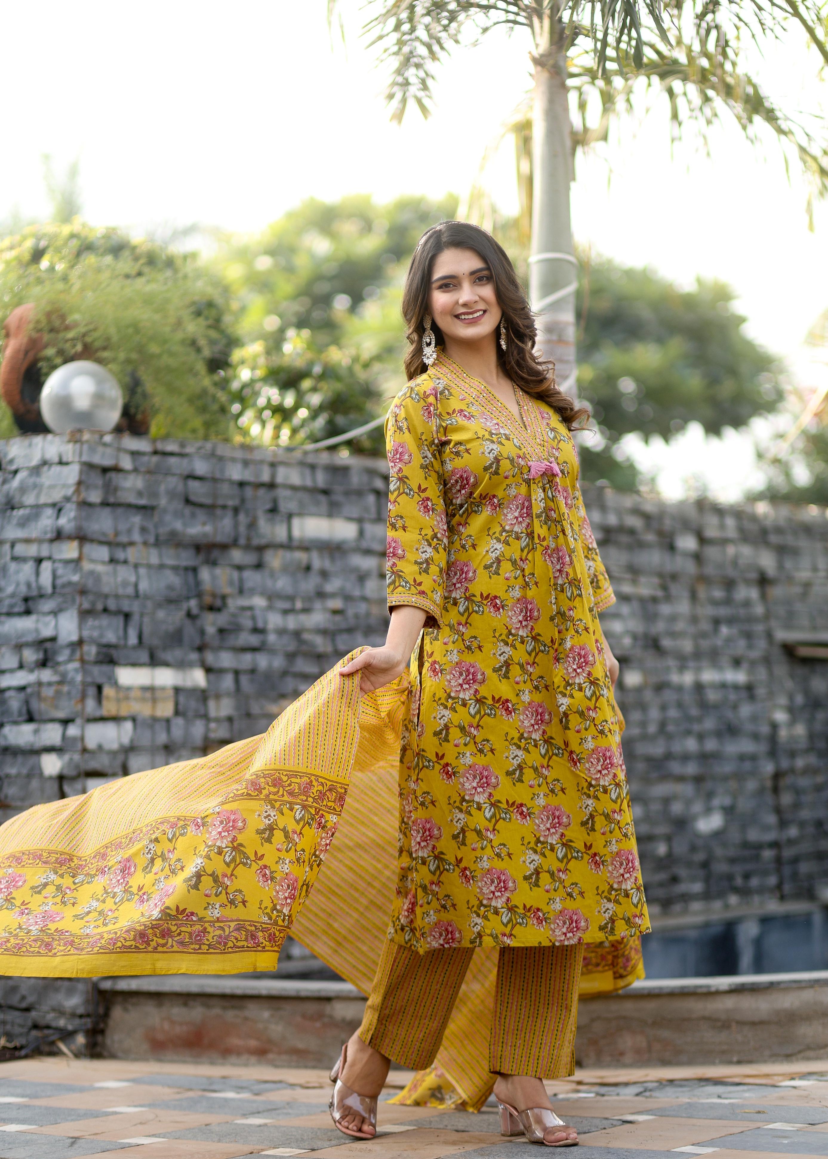 V-Neck Mustard Floral Straight Suit Set