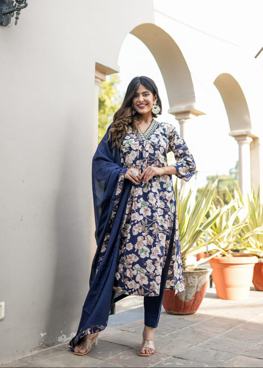 V-Neck Blue Floral Straight Suit Set