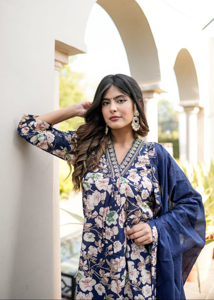 V-Neck Blue Floral Straight Suit Set
