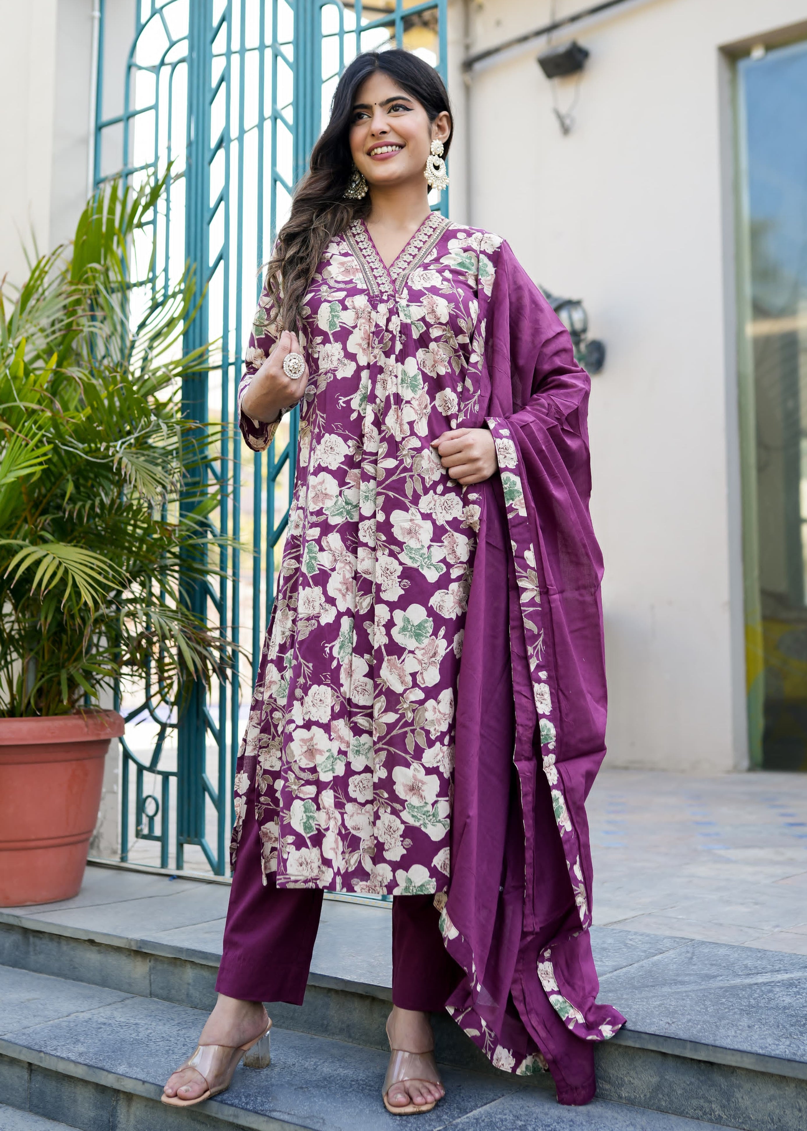 V-Neck Wine Floral Straight Suit Set