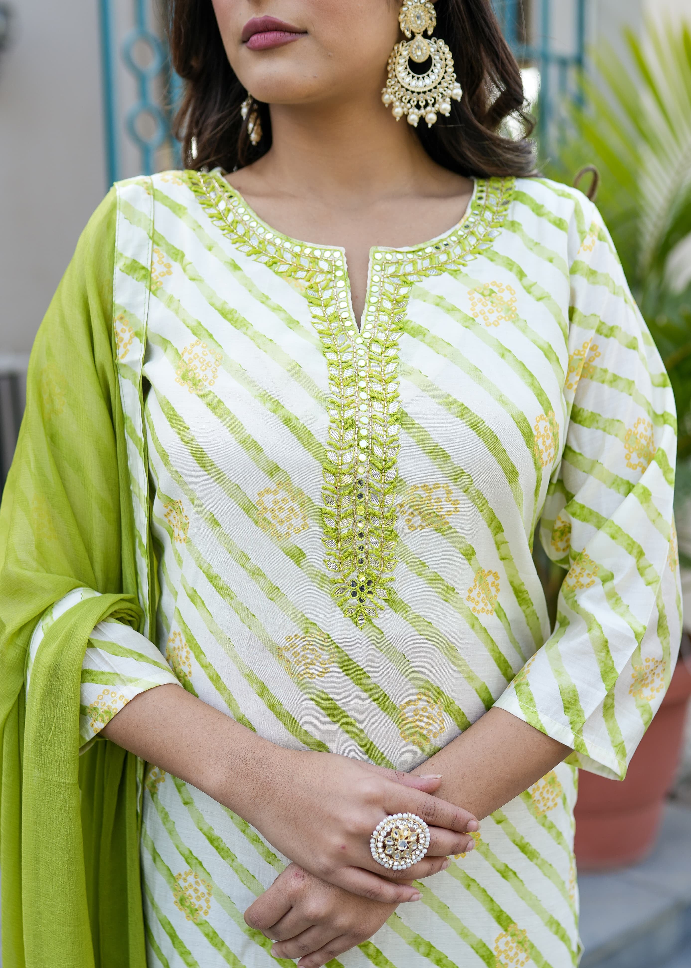 Parrot Green Leheriya Straight Kurta Set With Mirror Work
