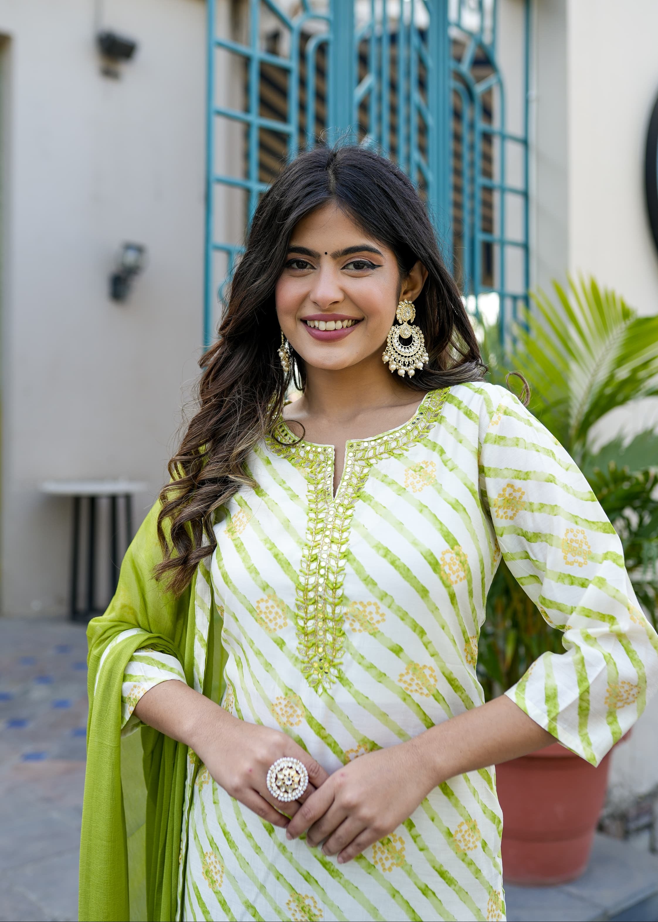 Parrot Green Leheriya Straight Kurta Set With Mirror Work