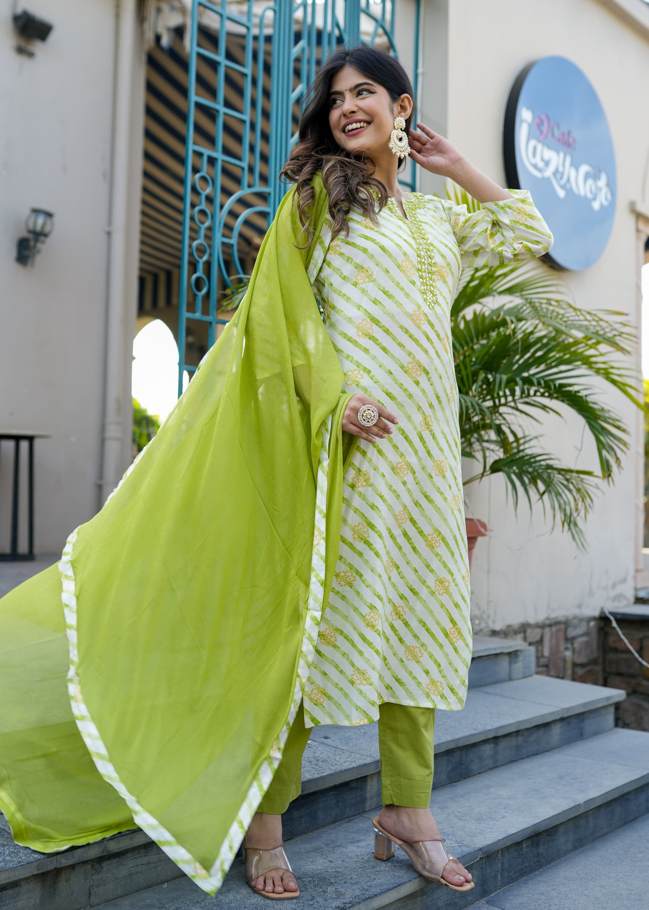 Parrot Green Leheriya Straight Kurta Set With Mirror Work