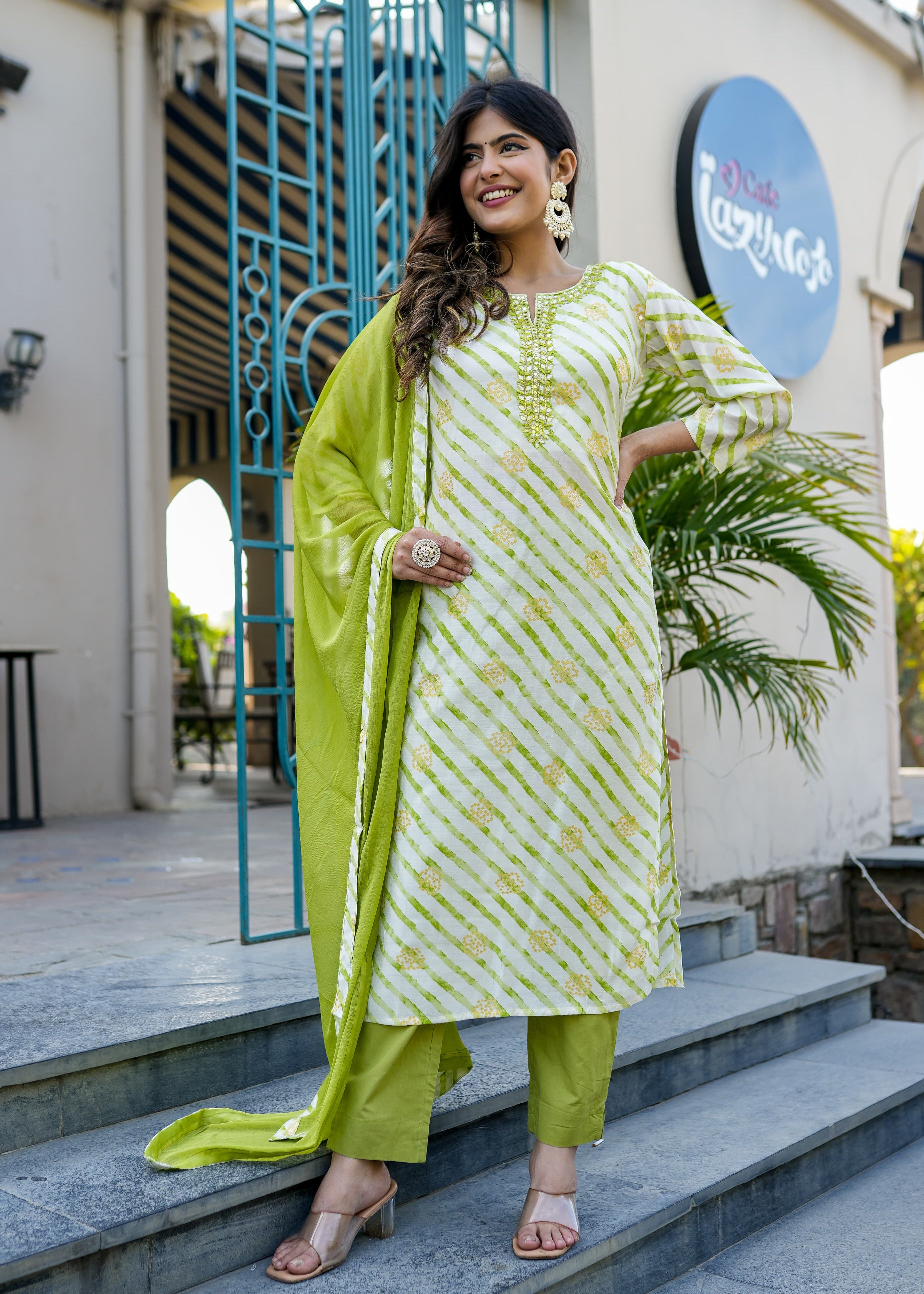 Parrot Green Leheriya Straight Kurta Set With Mirror Work