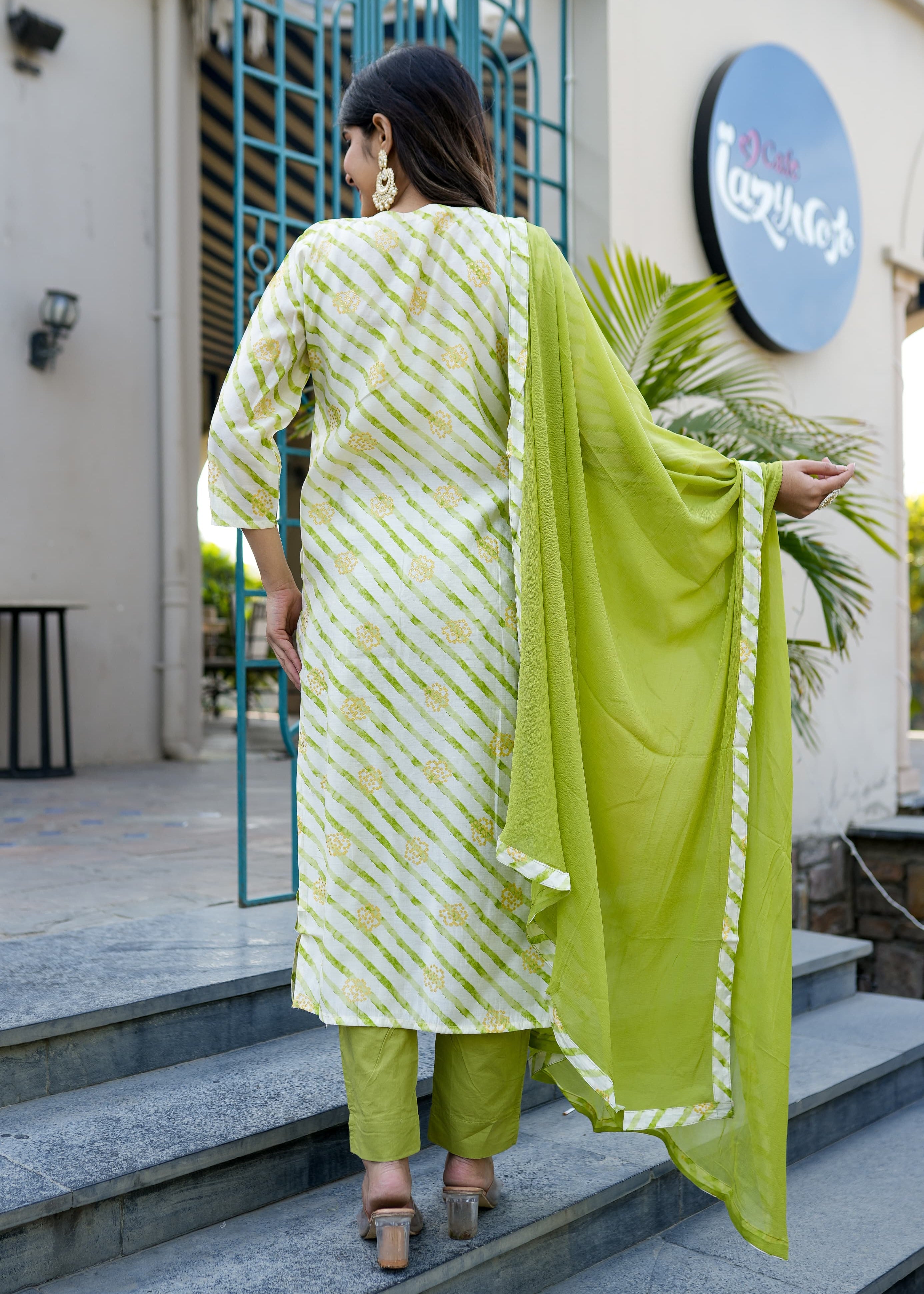 Parrot Green Leheriya Straight Kurta Set With Mirror Work