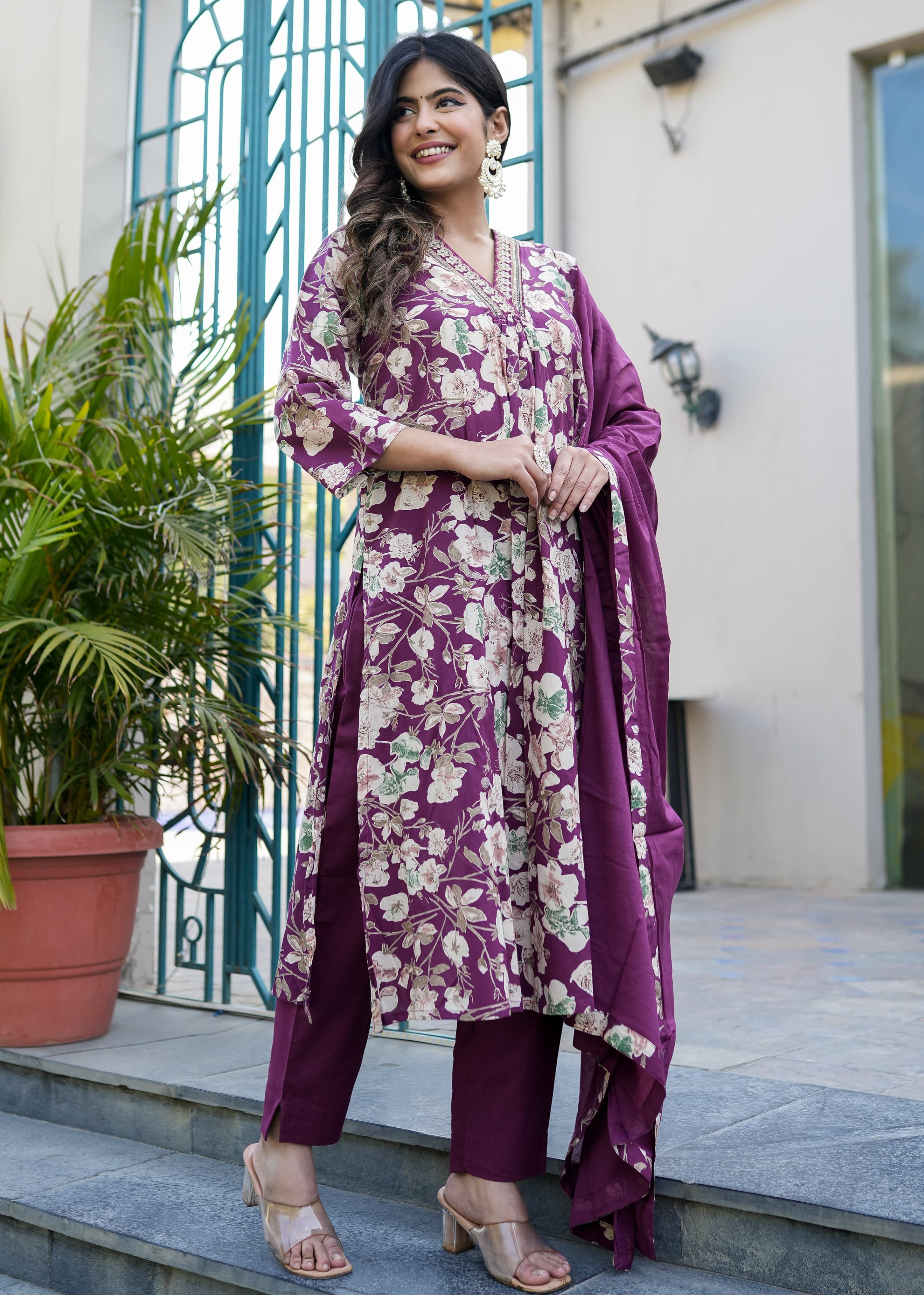V-Neck Wine Floral Straight Suit Set