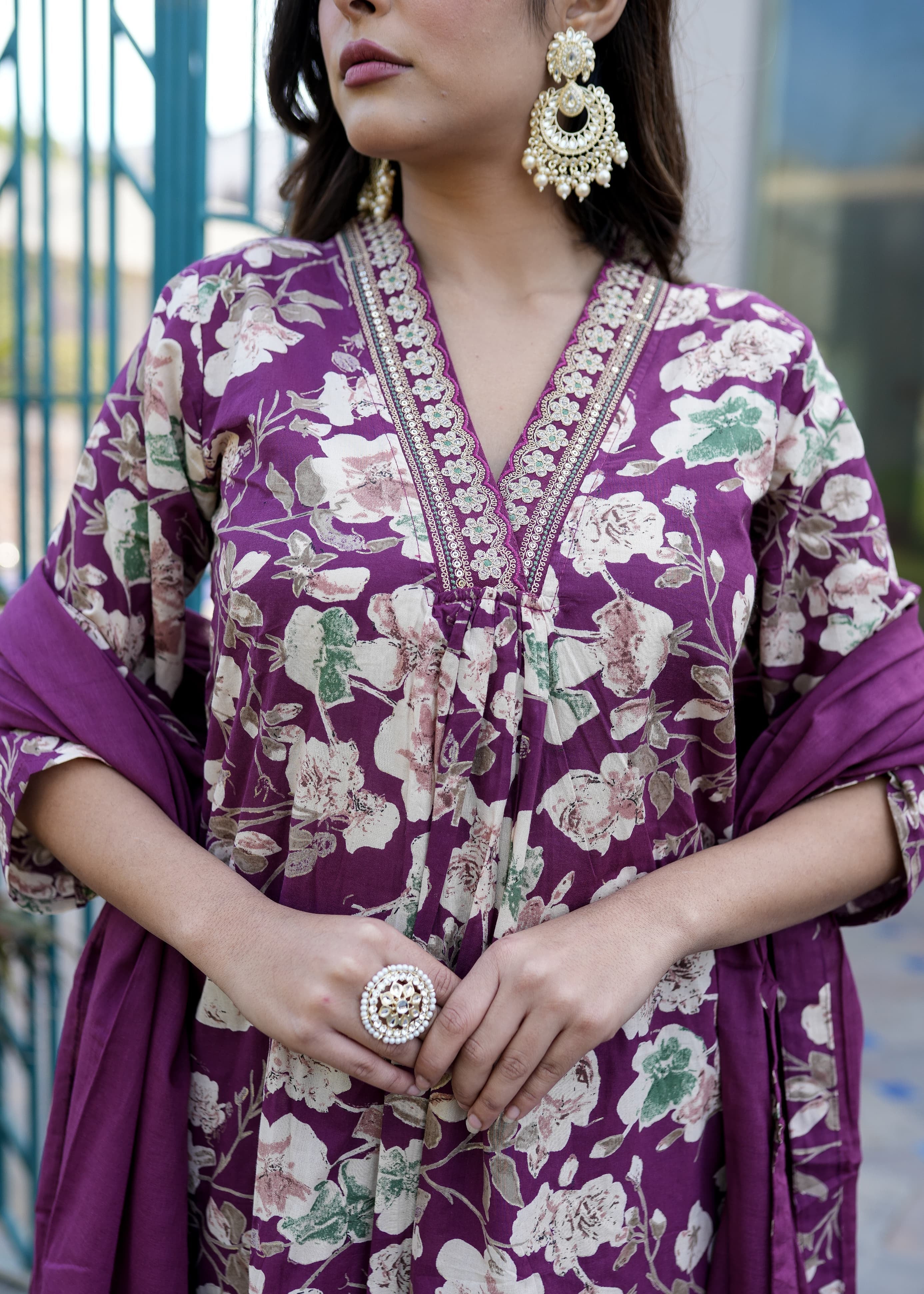 V-Neck Wine Floral Straight Suit Set