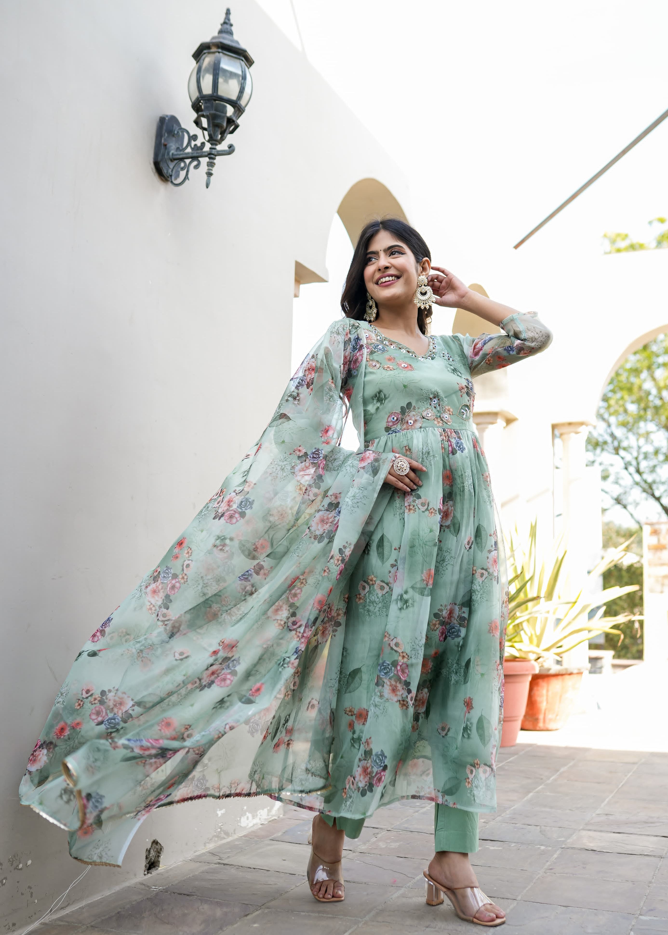 Organza Anarkali Suit Set Adorned With Elegant Pista Green Floral Motifs