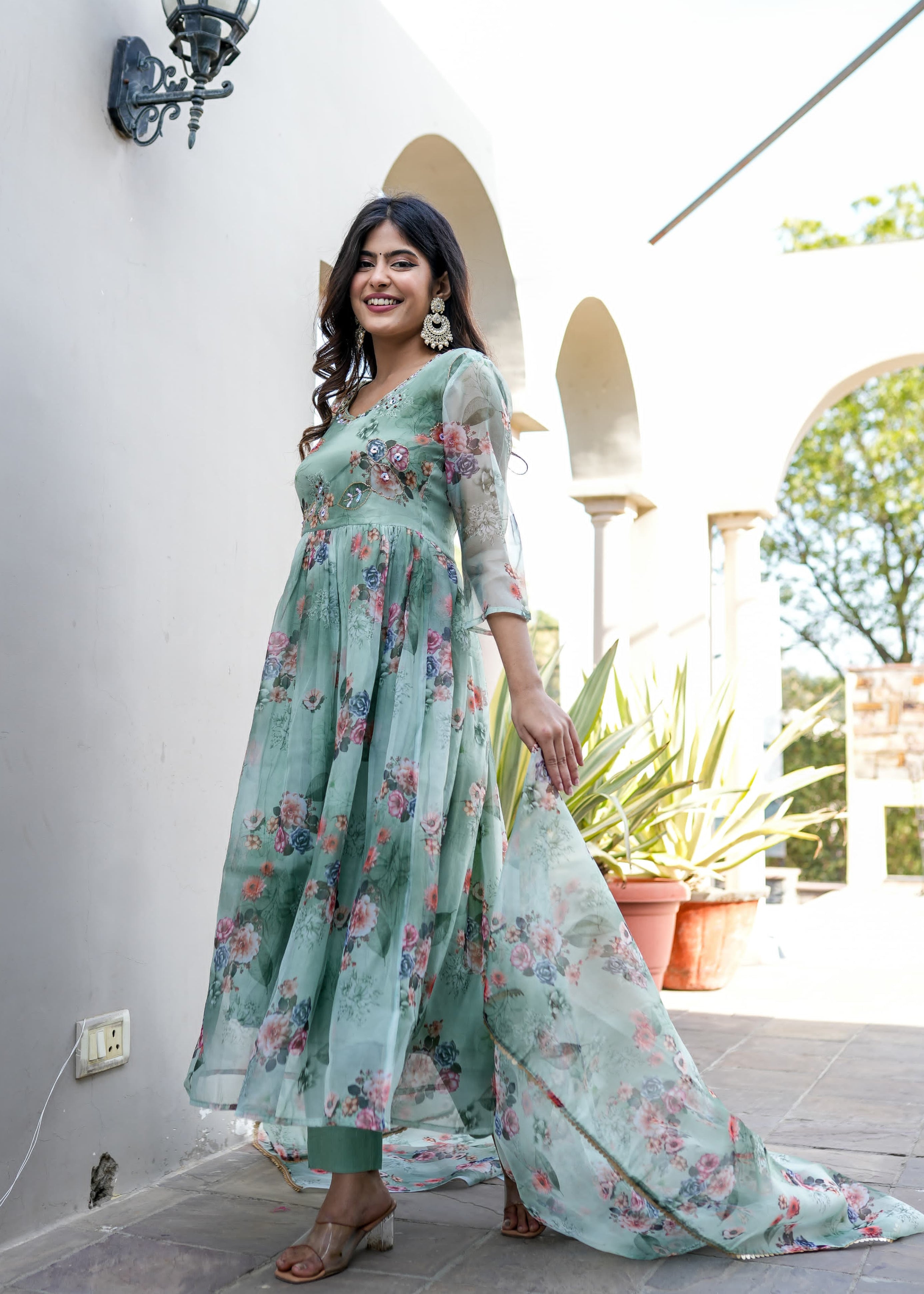 Organza Anarkali Suit Set Adorned With Elegant Pista Green Floral Motifs