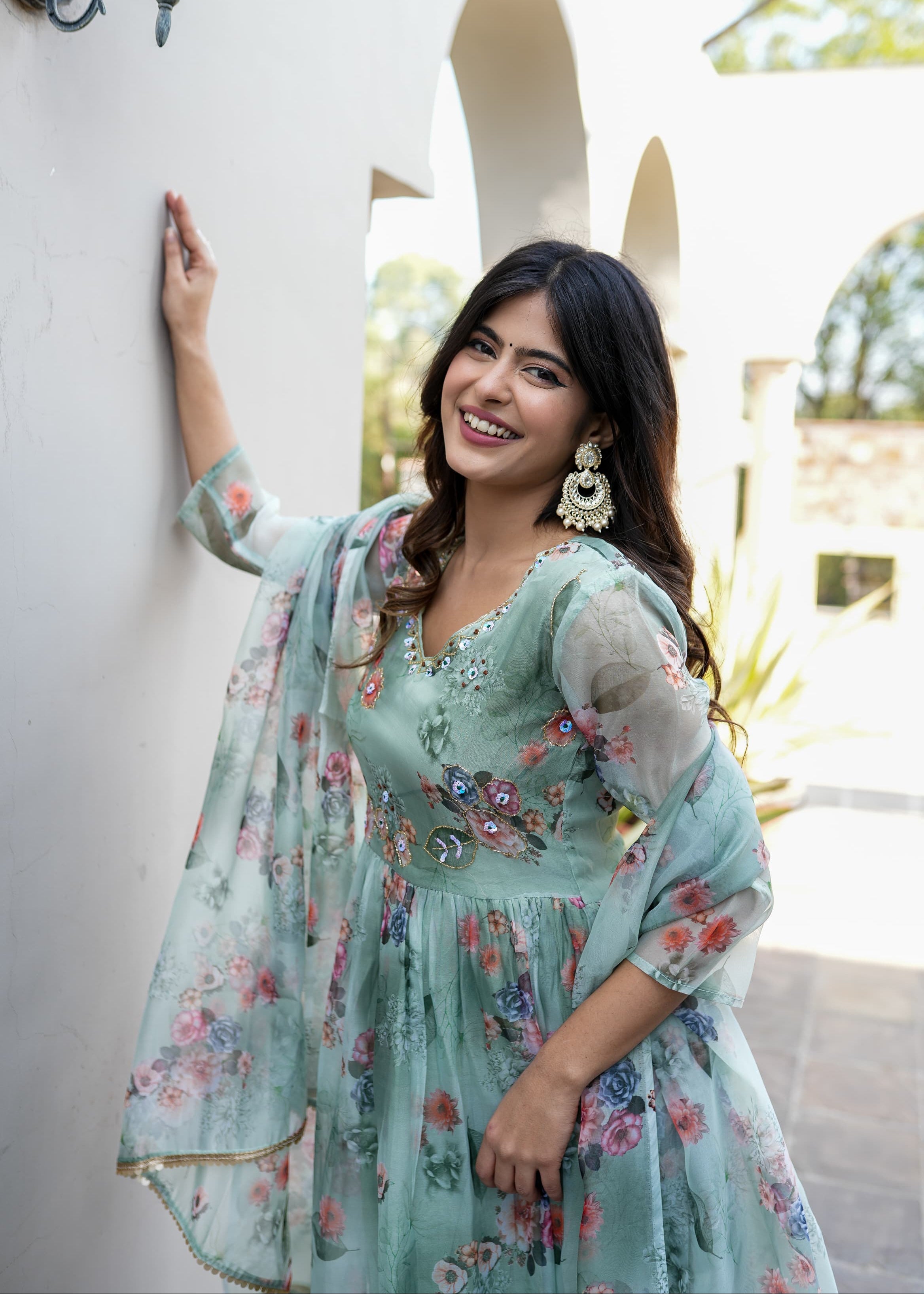 Organza Anarkali Suit Set Adorned With Elegant Pista Green Floral Motifs