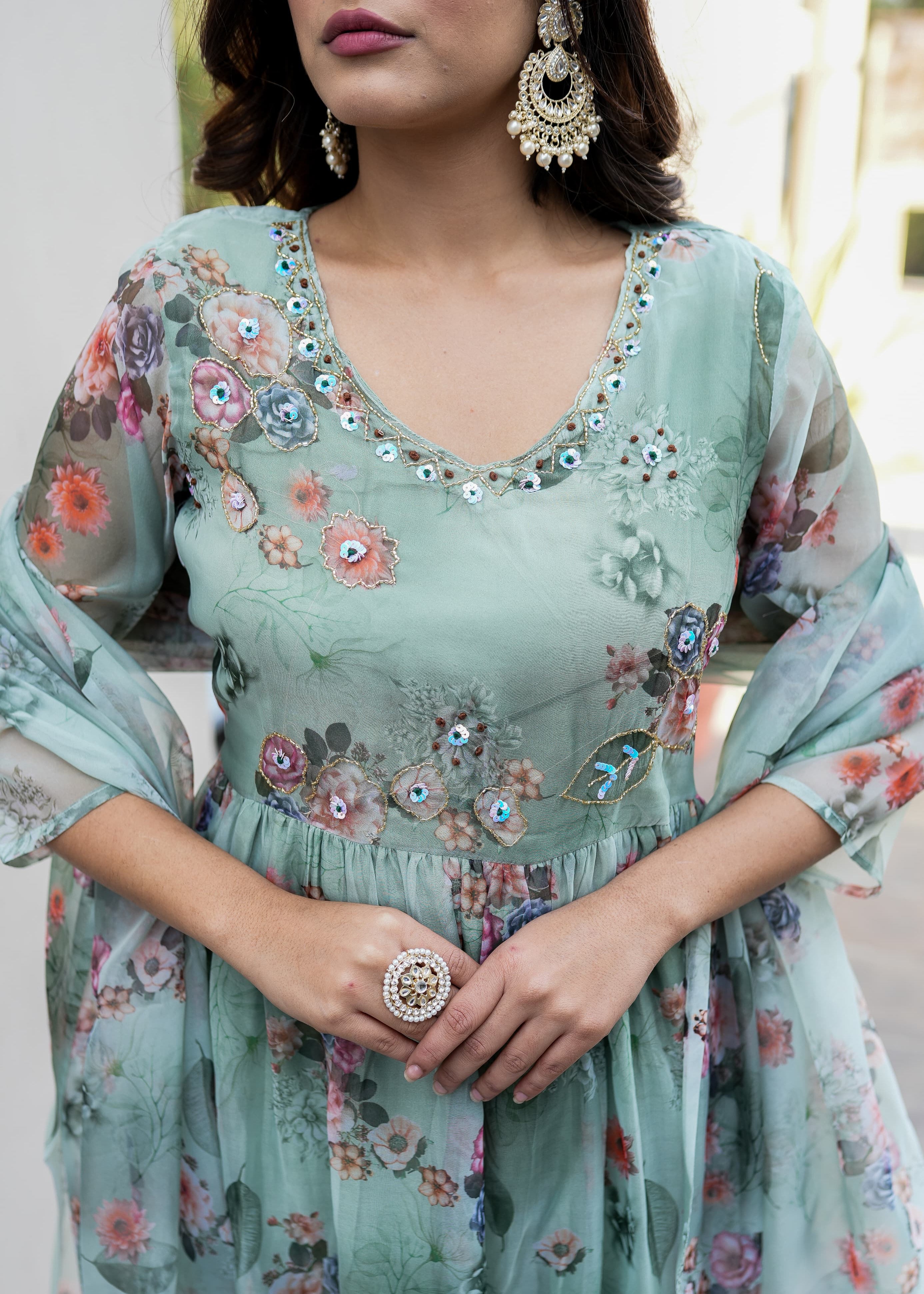 Organza Anarkali Suit Set Adorned With Elegant Pista Green Floral Motifs