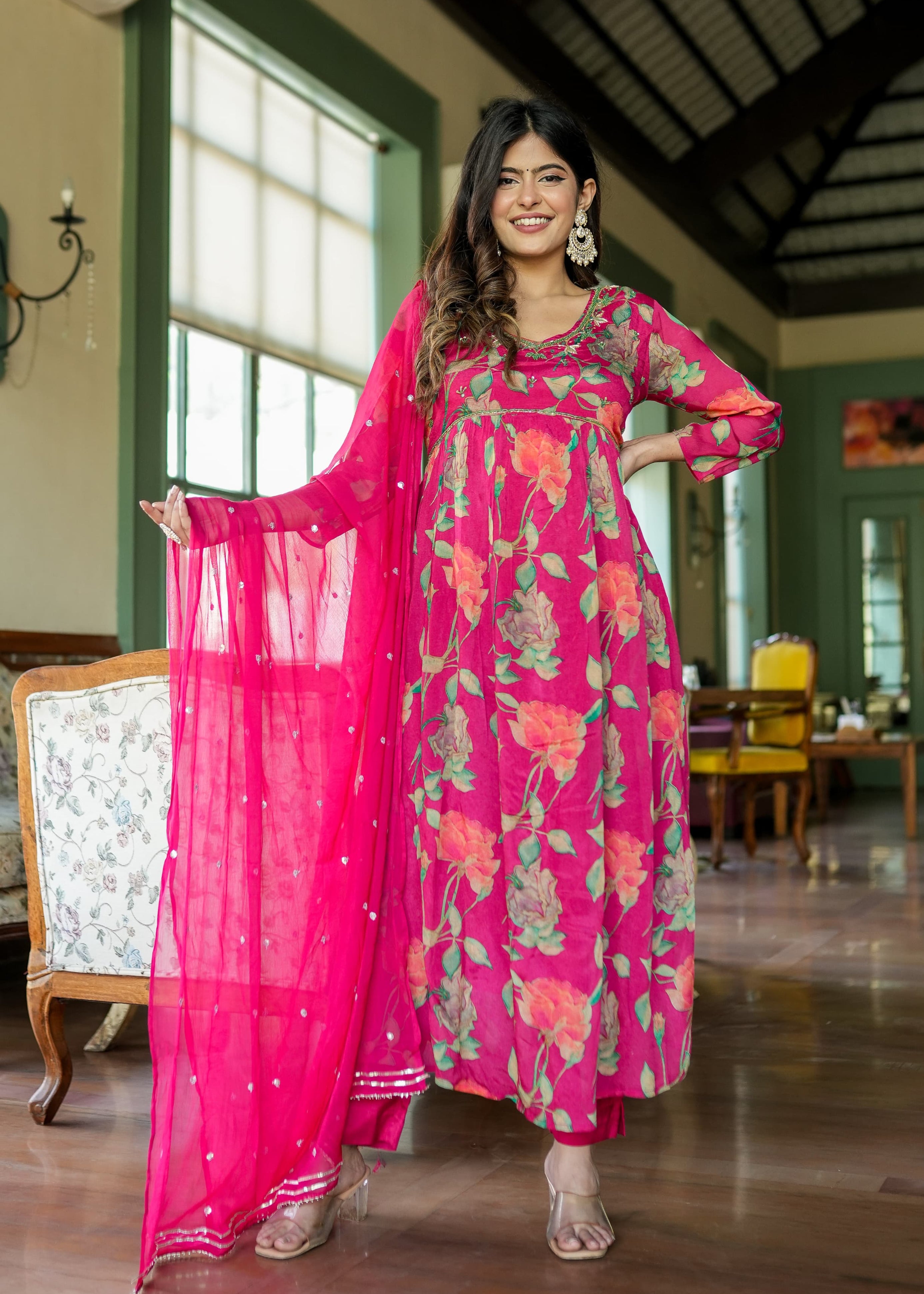 Floral Naira Mirror Work Neckline Set