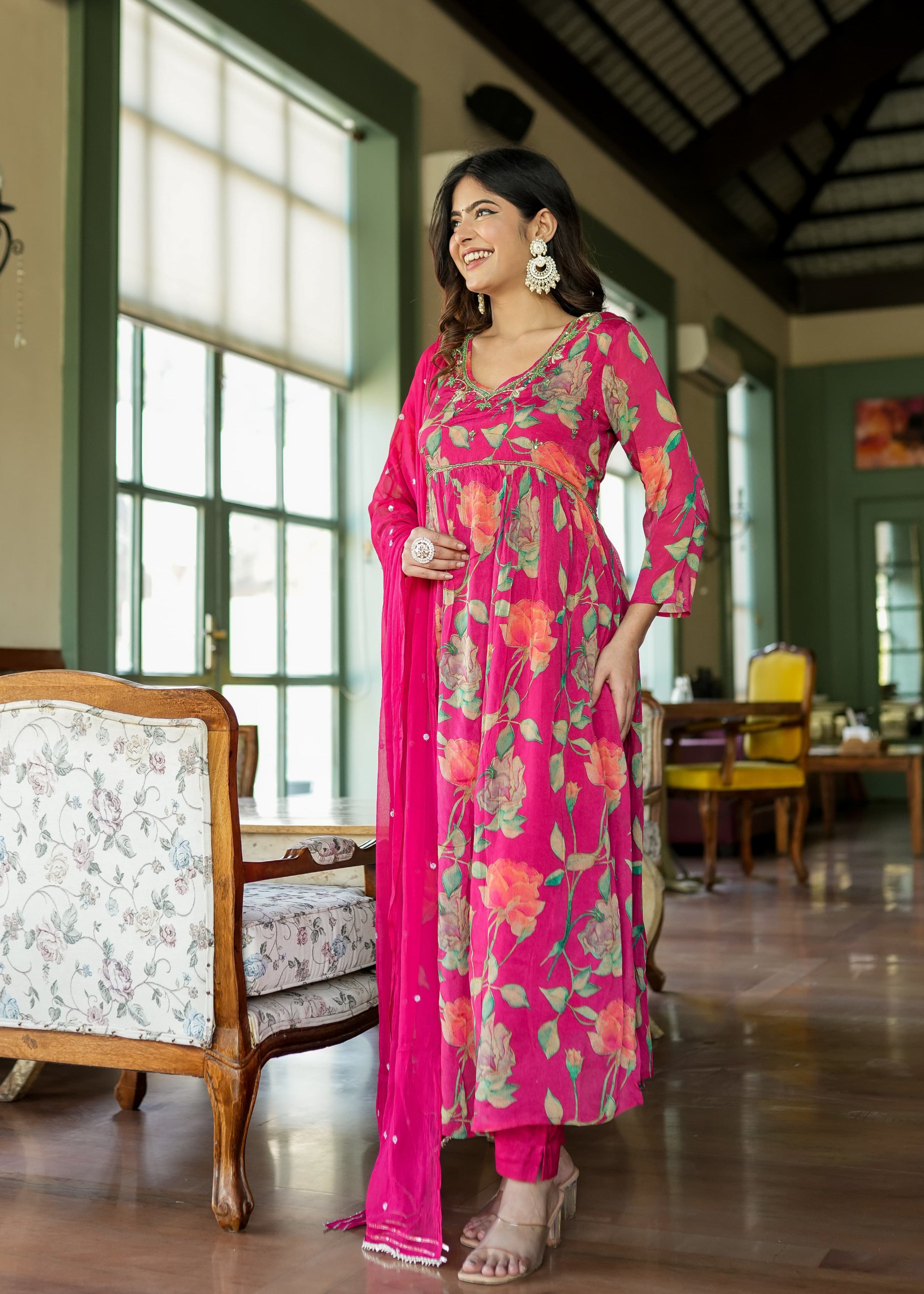 Floral Naira Mirror Work Neckline Set