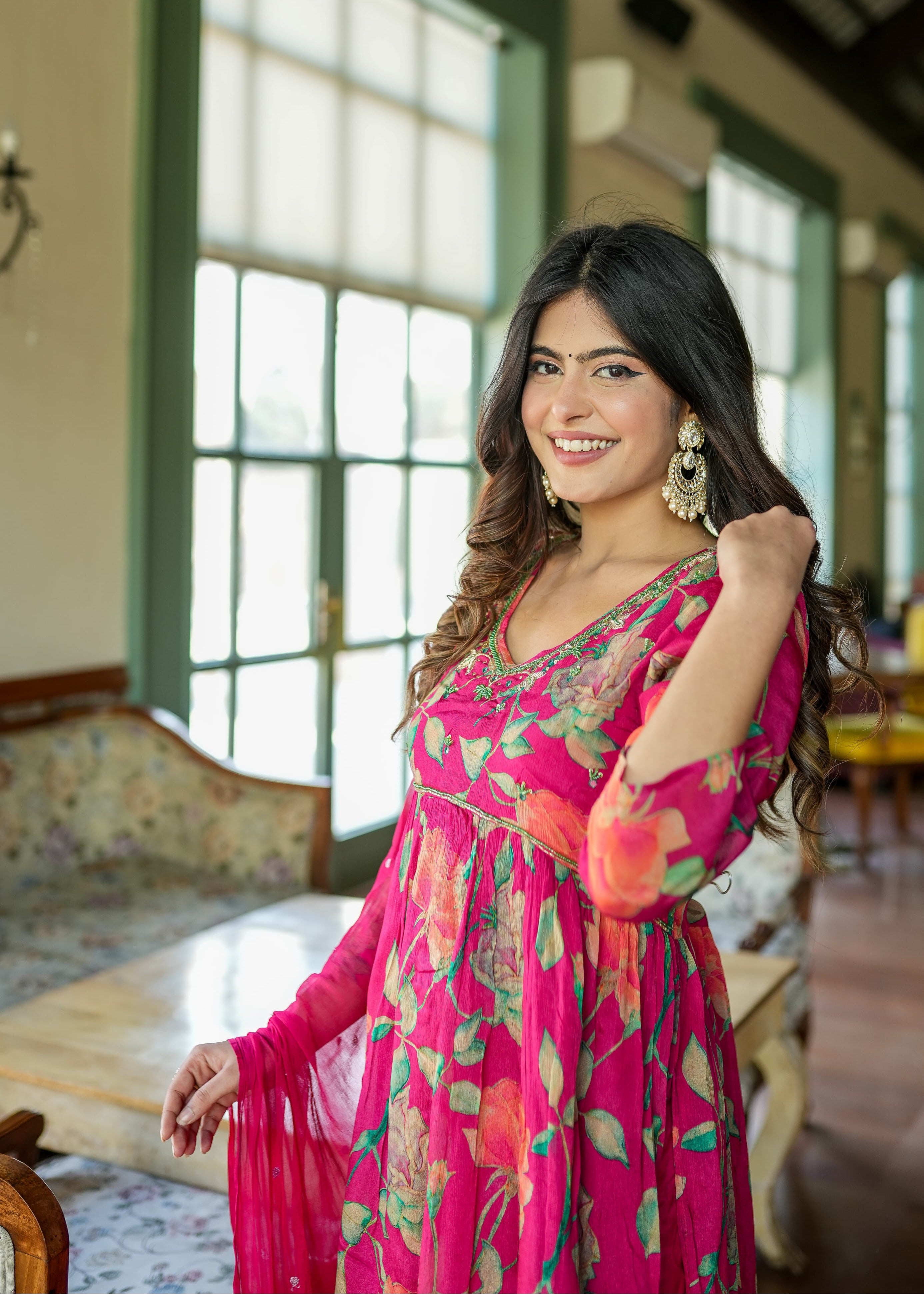 Floral Naira Mirror Work Neckline Set