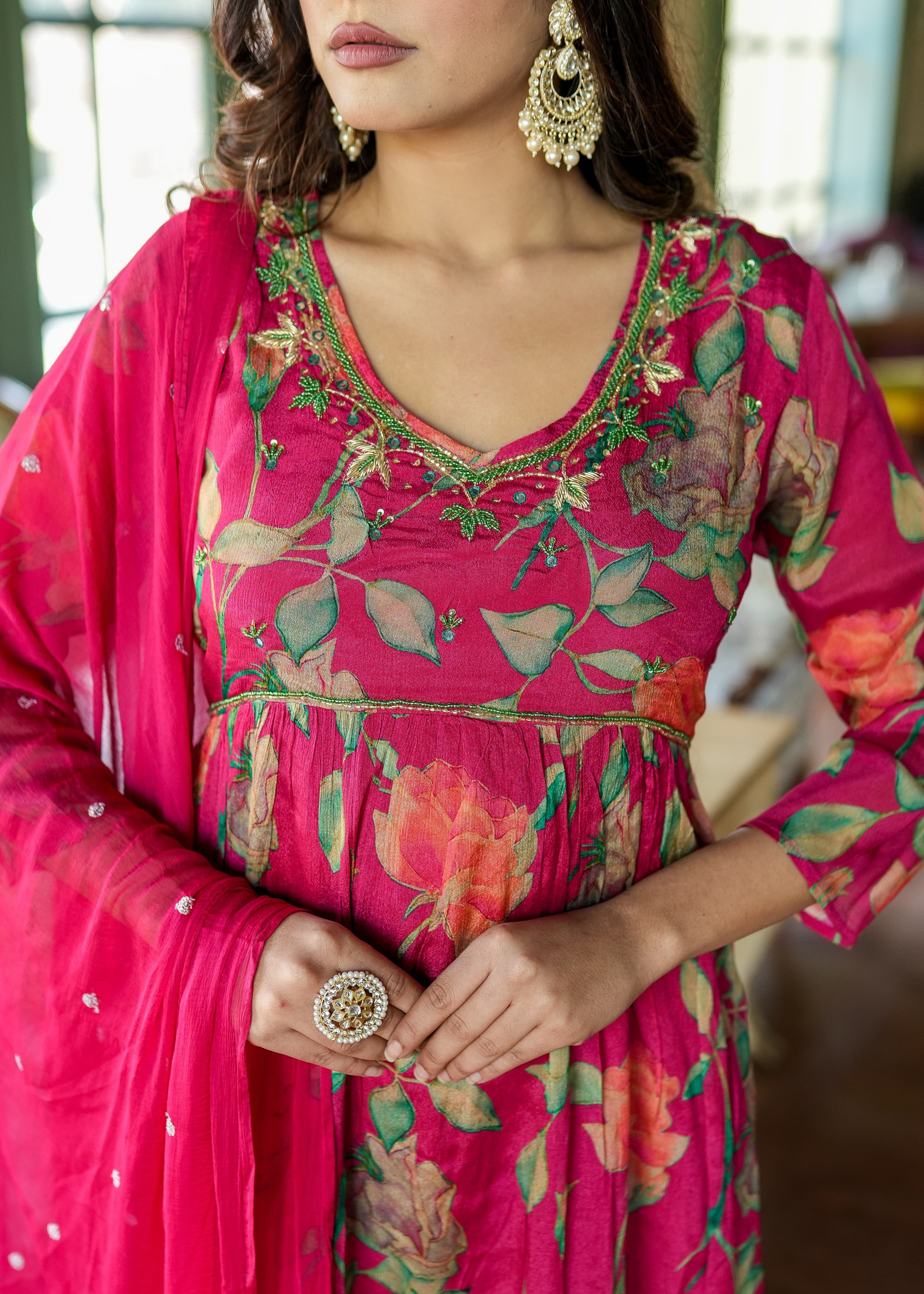 Floral Naira Mirror Work Neckline Set