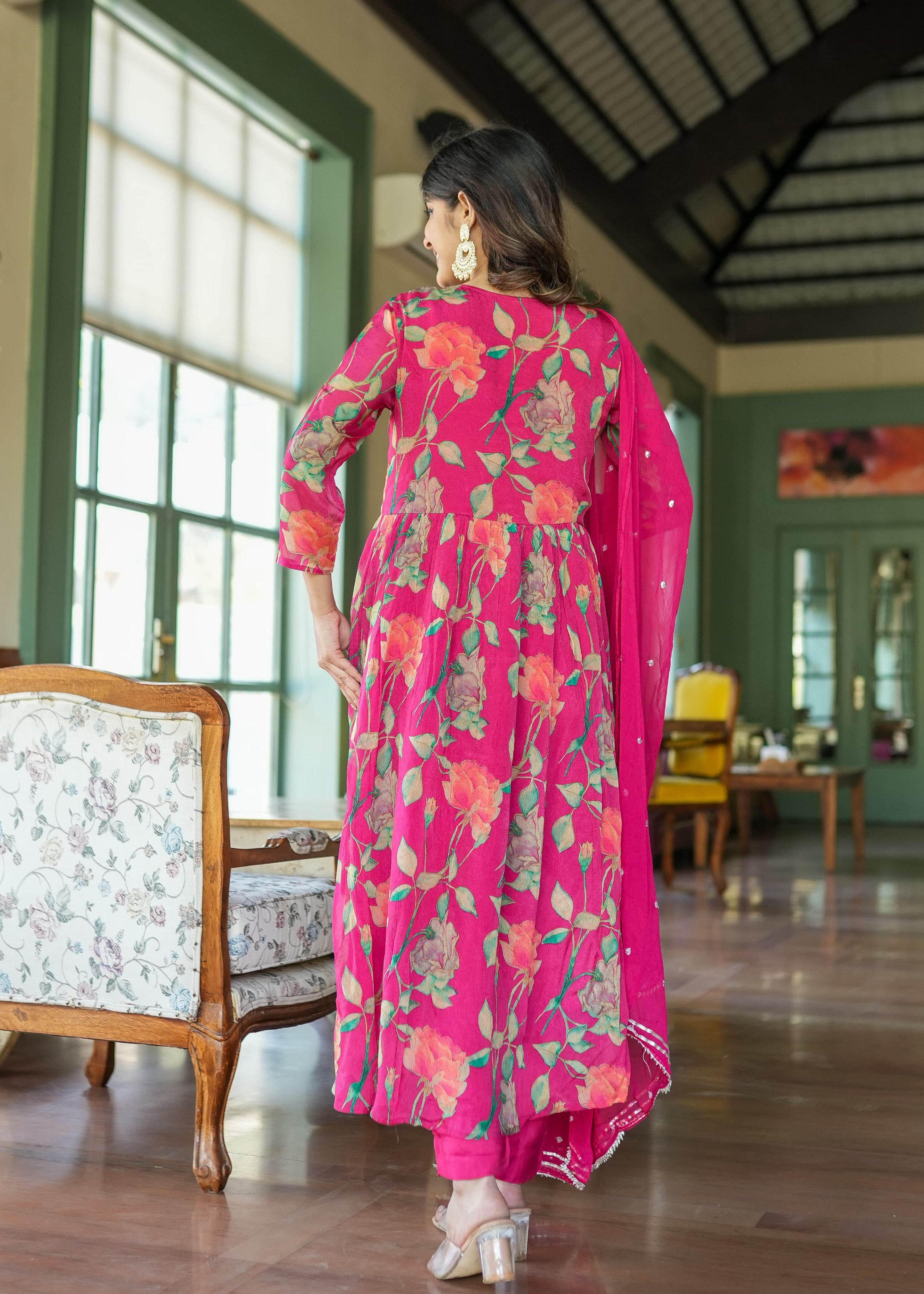 Floral Naira Mirror Work Neckline Set